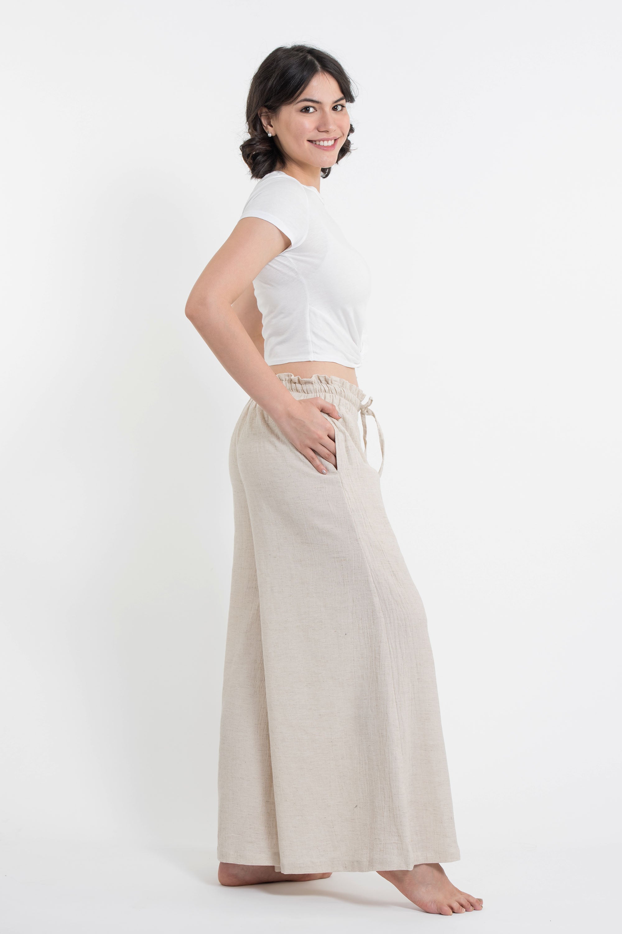 Women's Tencel Linen Cotton Blend Palazzo Pants in Natural