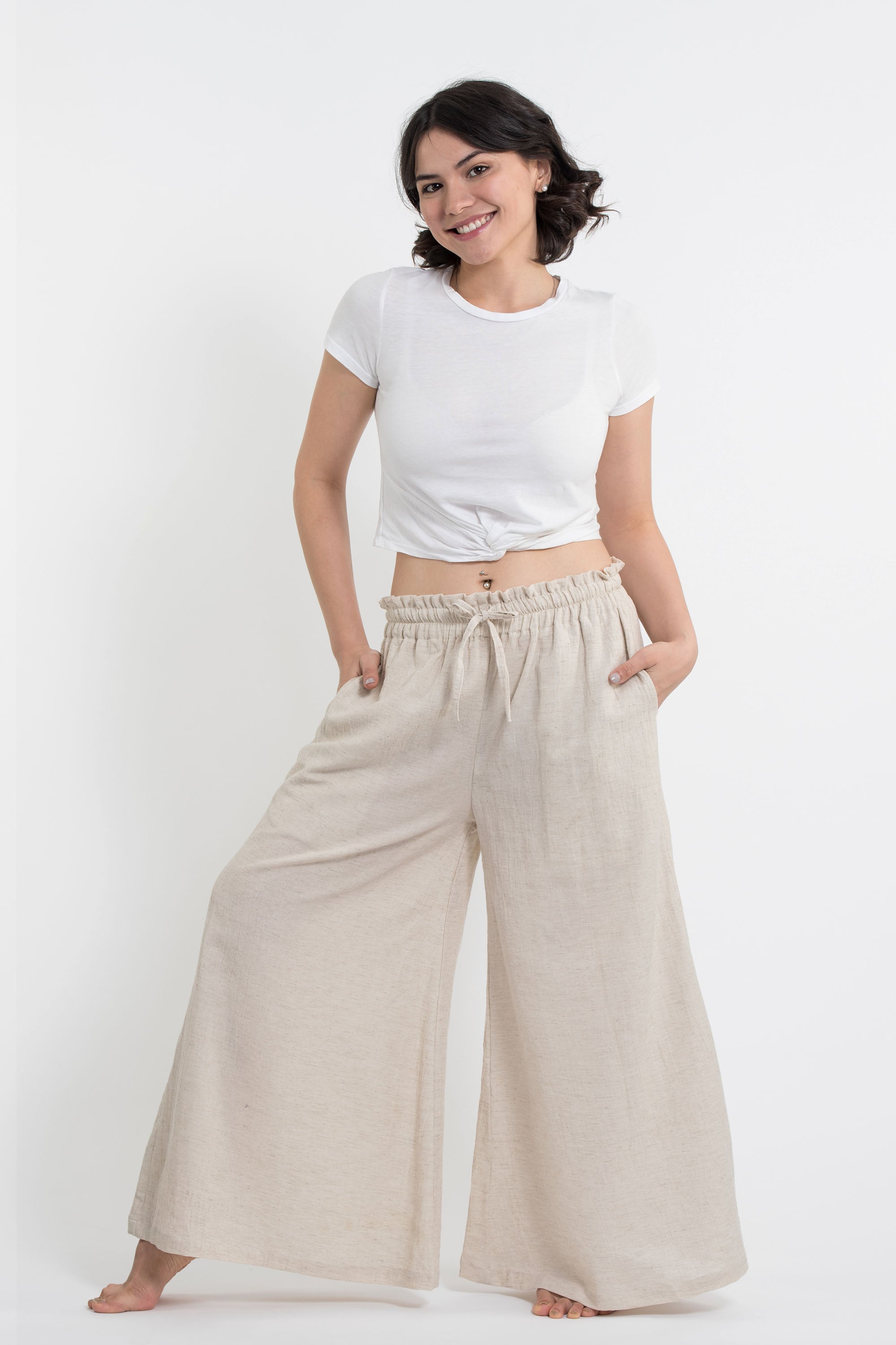 Women's Tencel Linen Cotton Blend Palazzo Pants in Natural