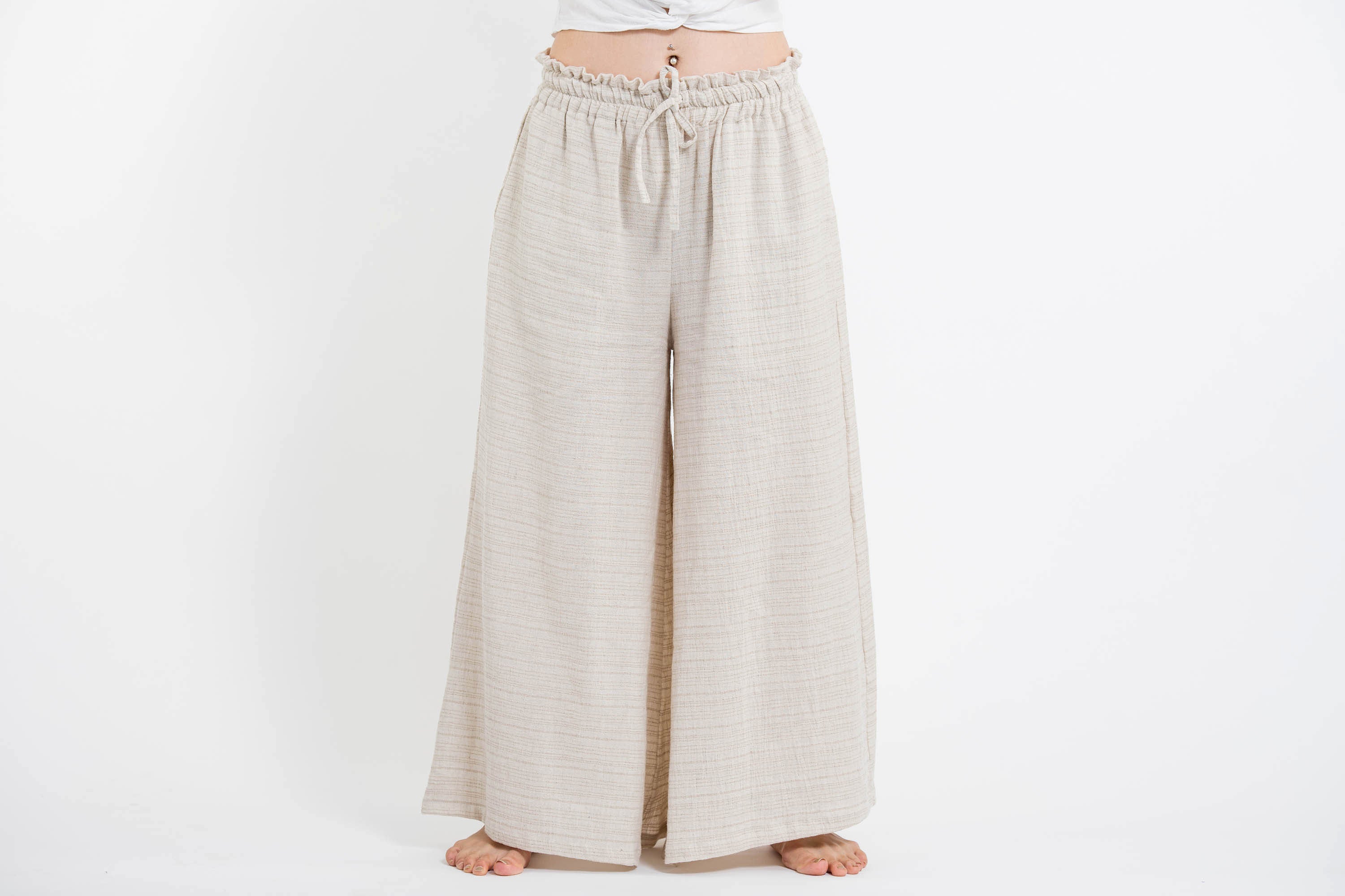 Women's Pinstripe Linen Bamboo Blend Palazzo Pants in Natural
