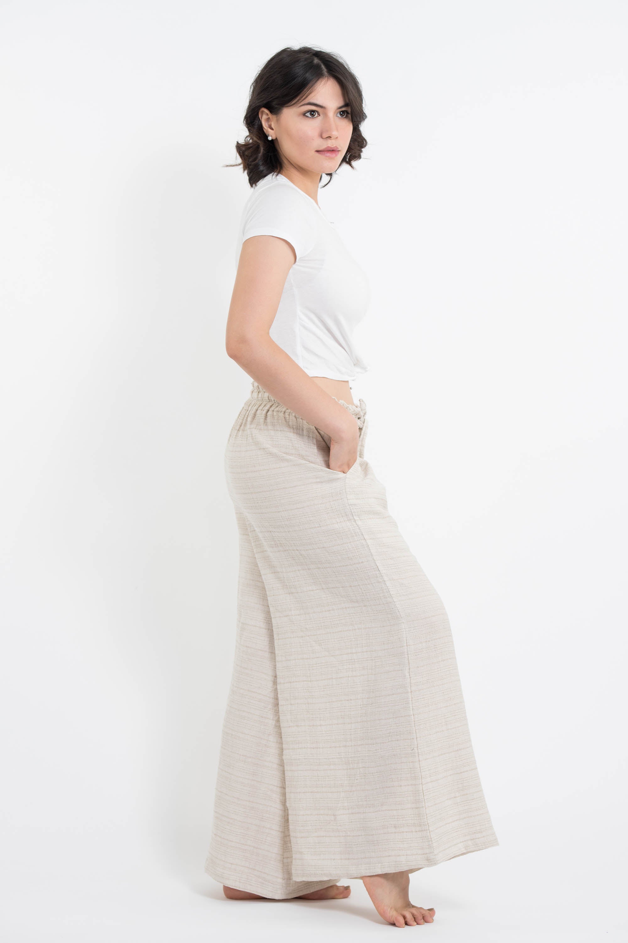 Women's Pinstripe Linen Bamboo Blend Palazzo Pants in Natural