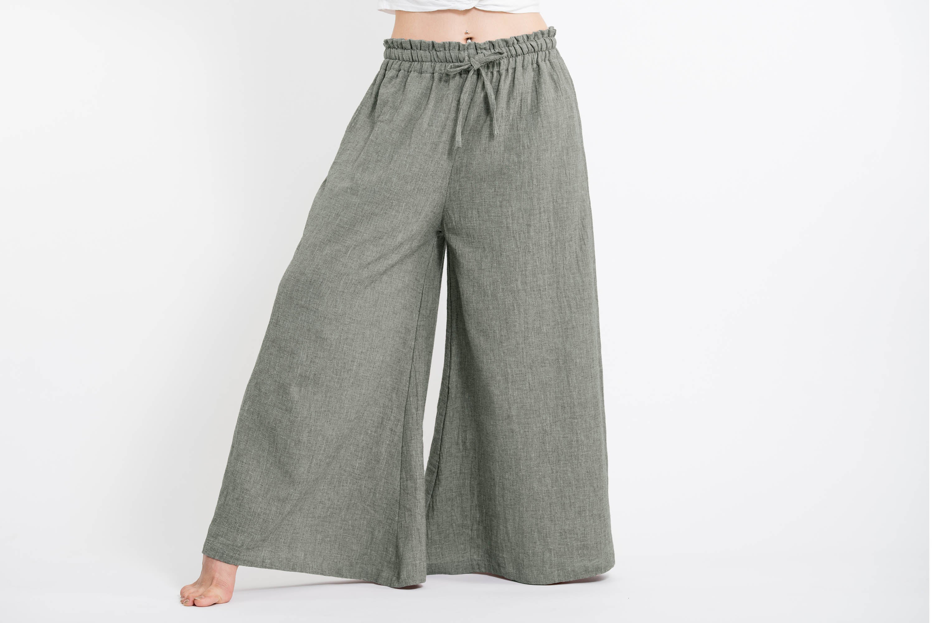 Women's Linen Cotton Blend Palazzo Pants in Olive Green