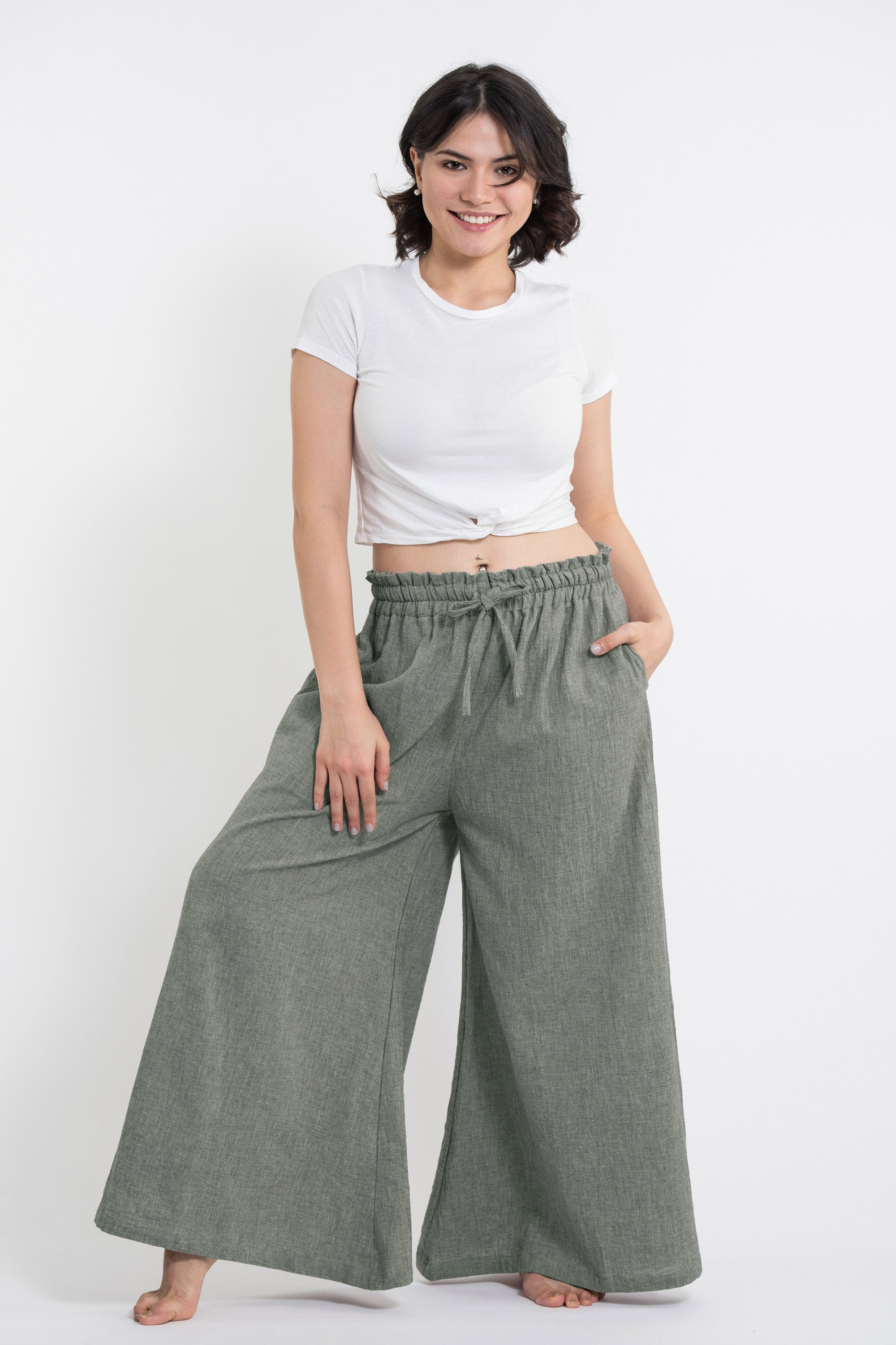 Women's Linen Cotton Blend Palazzo Pants in Olive Green