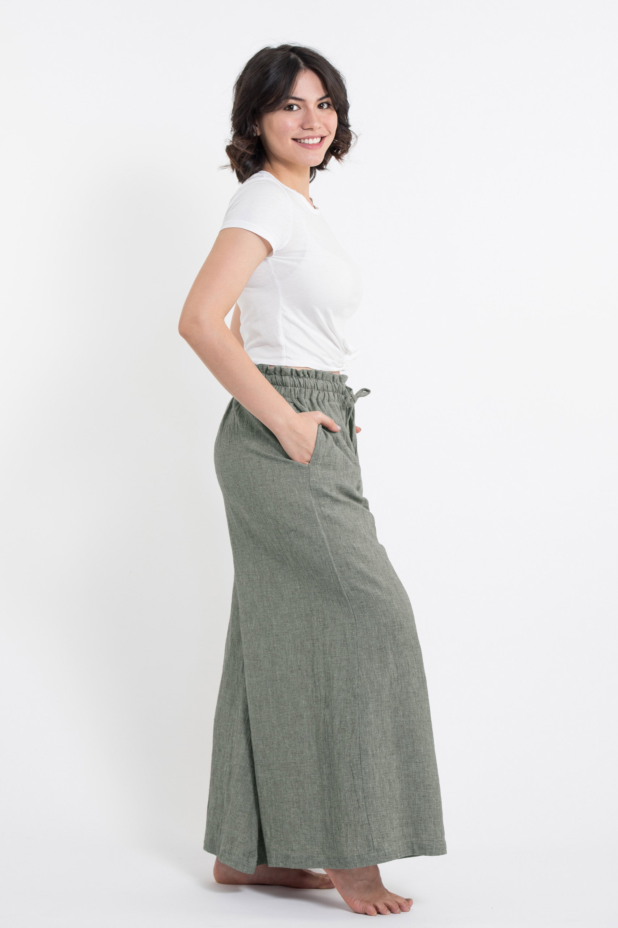 Women's Linen Cotton Blend Palazzo Pants in Olive Green