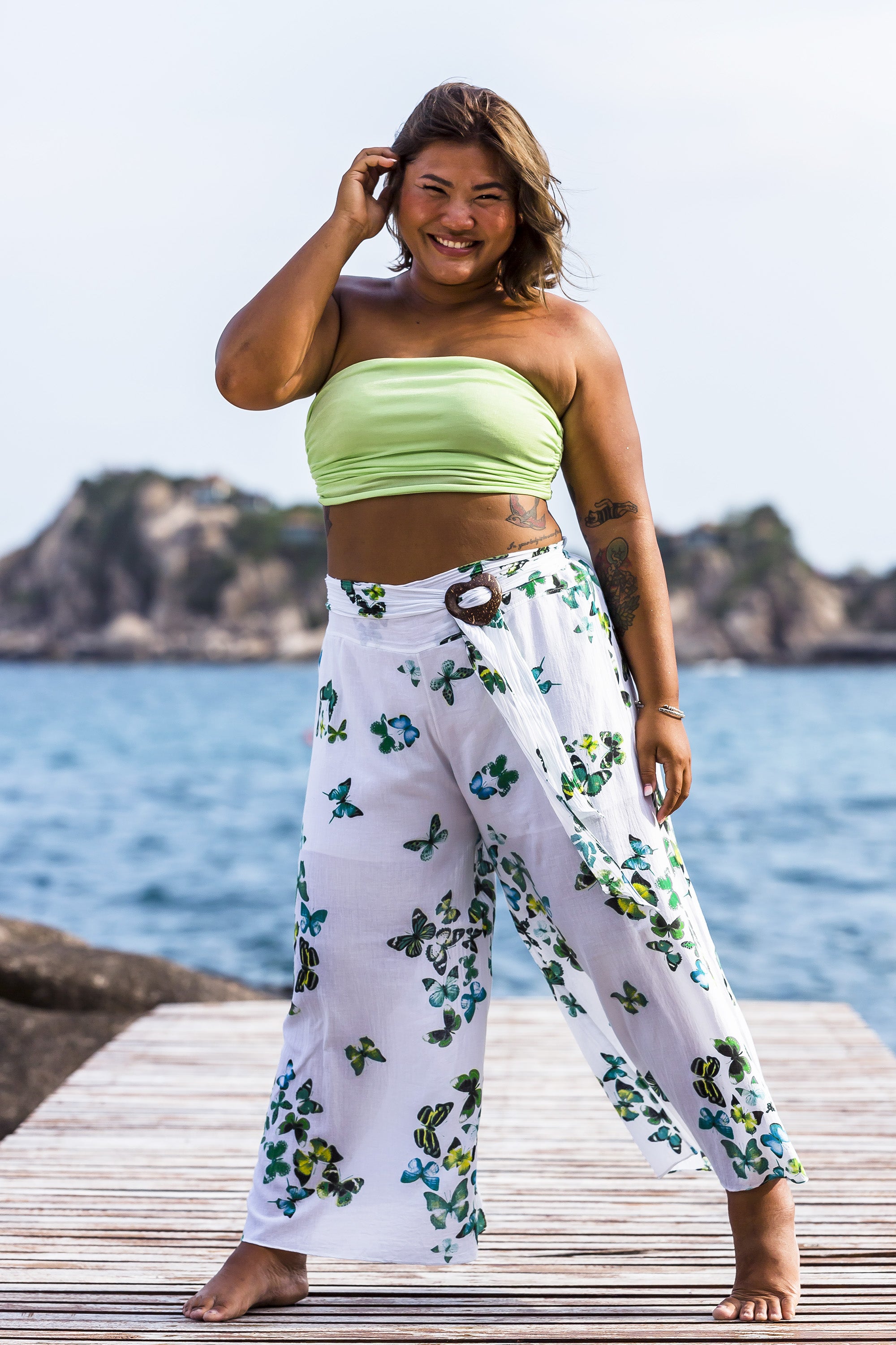 Plus Size Women's Thai Harem Palazzo Pants in Butterflies Green