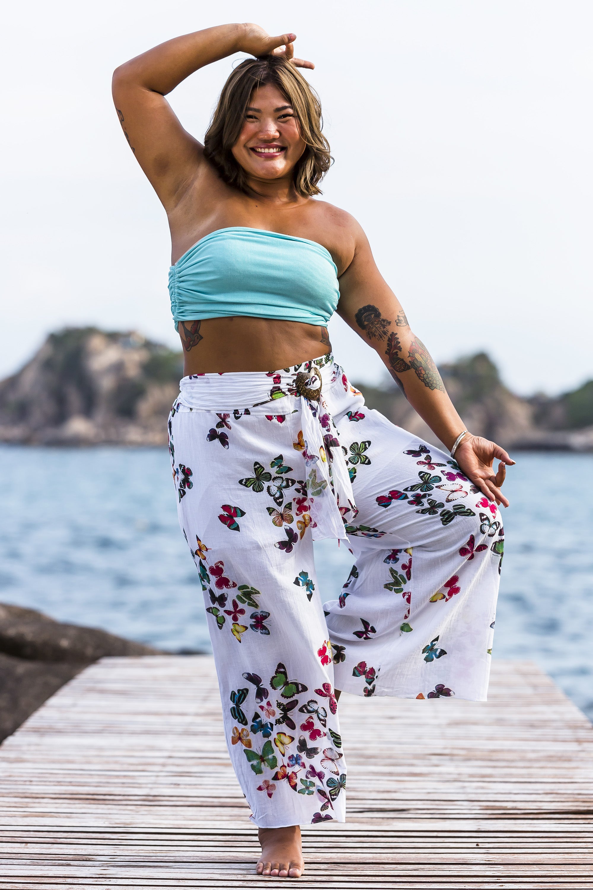 Plus Size Women's Thai Harem Palazzo Pants in Butterflies Pink