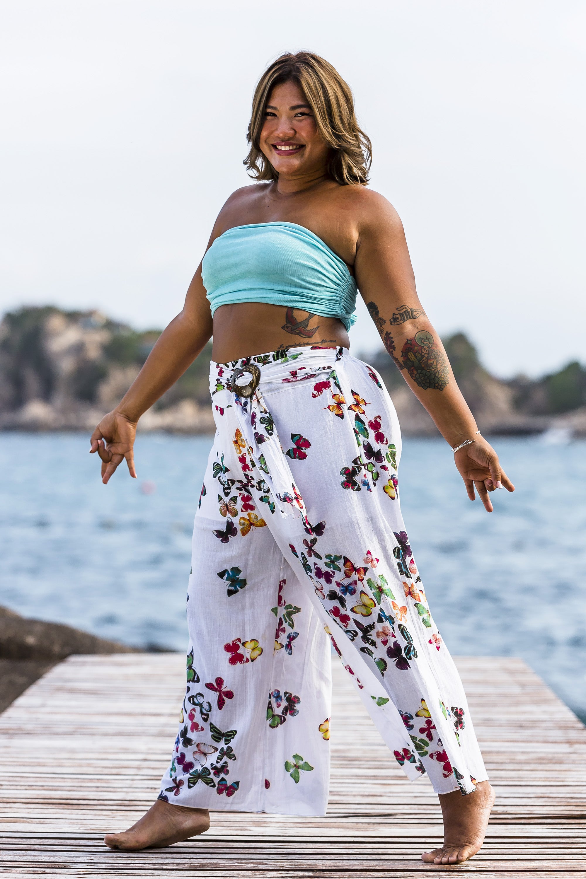 Plus Size Women's Thai Harem Palazzo Pants in Butterflies Pink
