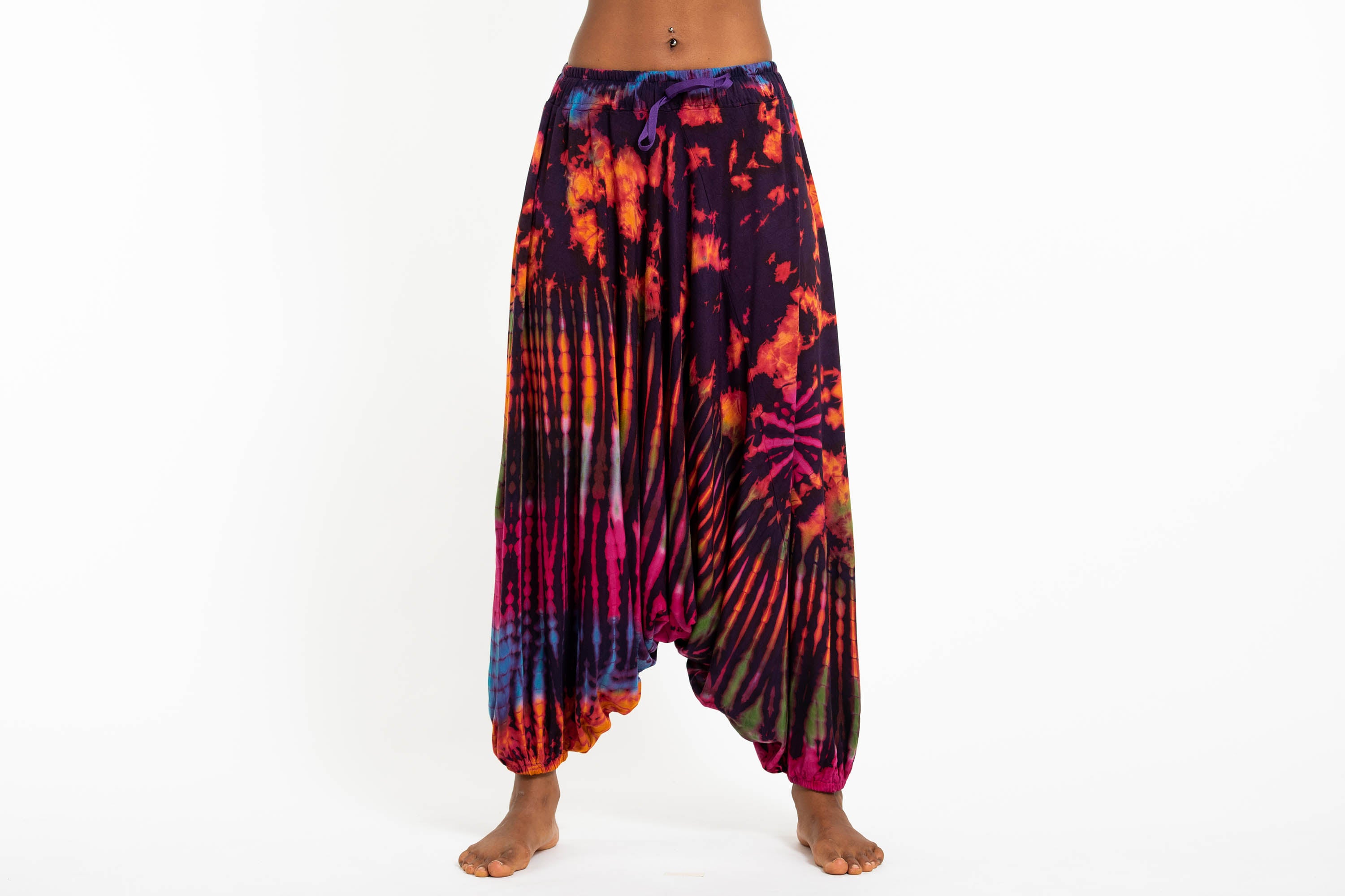 Soft Flex Womens Tie Dye Low Cut Harem Pants in Purple