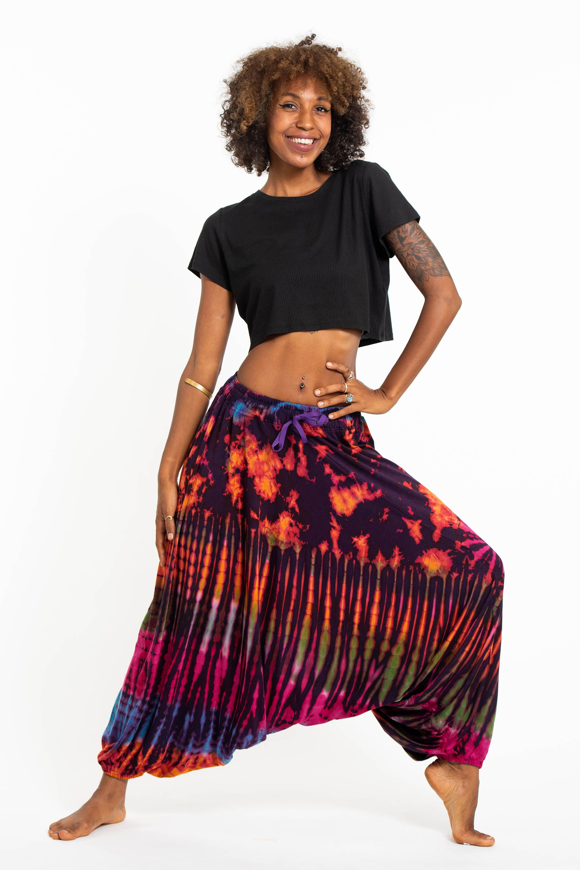Soft Flex Womens Tie Dye Low Cut Harem Pants in Purple