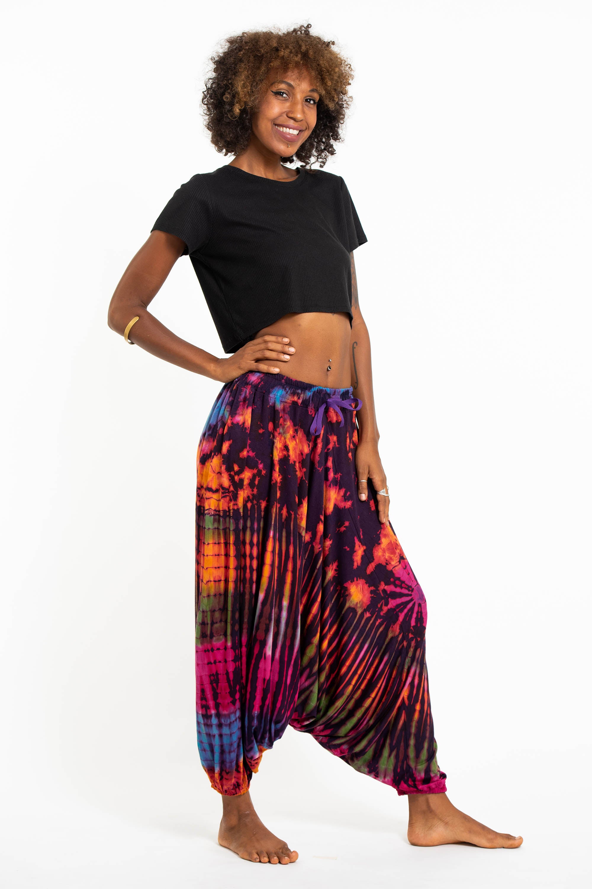 Soft Flex Womens Tie Dye Low Cut Harem Pants in Purple
