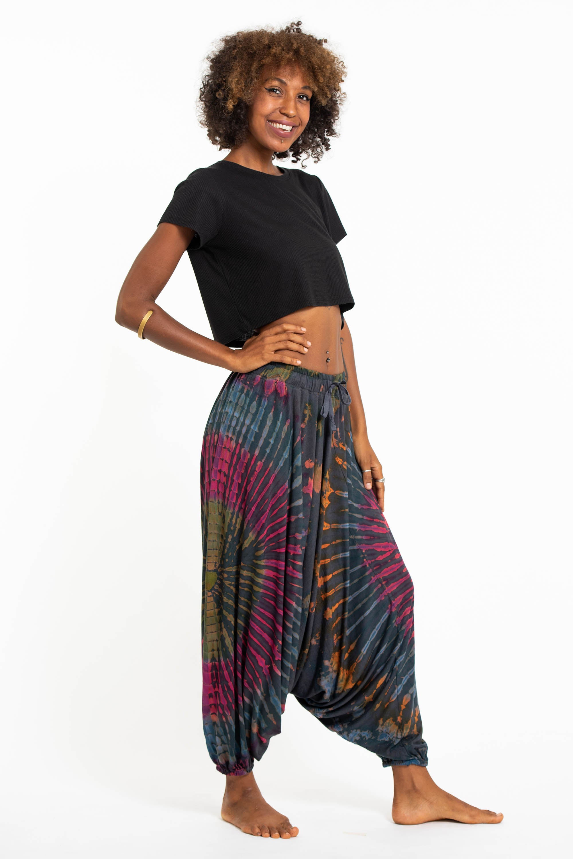 Soft Flex Womens Tie Dye Low Cut Harem Pants in Gray