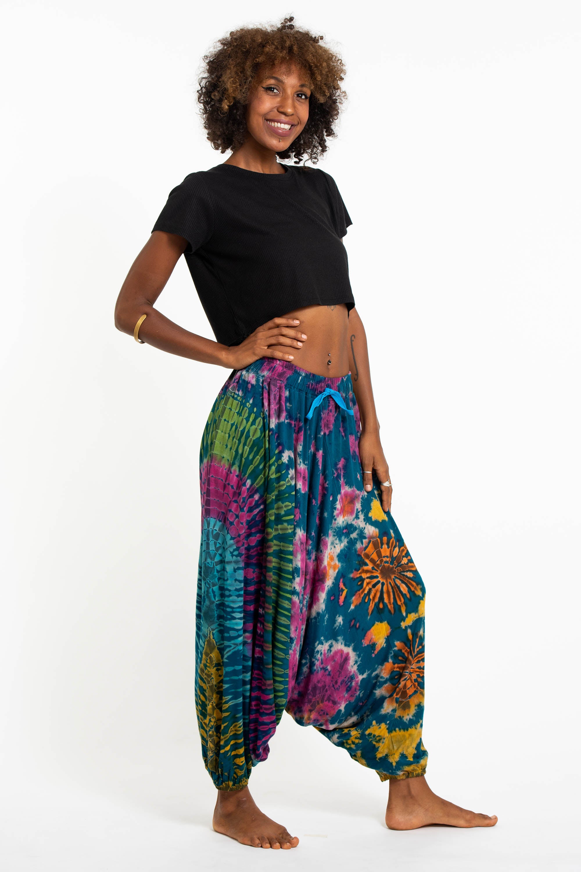 Soft Flex Womens Tie Dye Low Cut Harem Pants in Blue