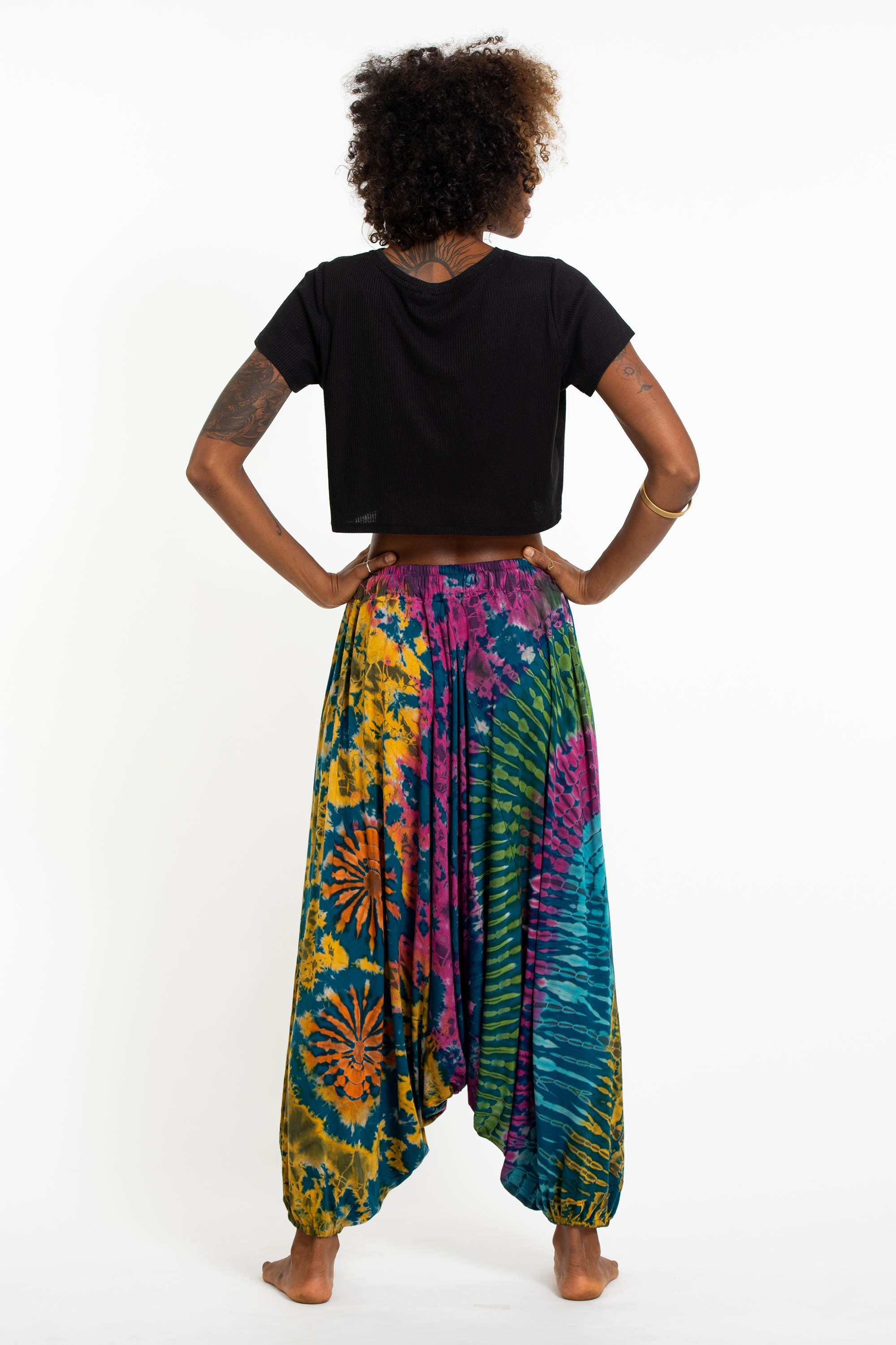 Soft Flex Womens Tie Dye Low Cut Harem Pants in Blue