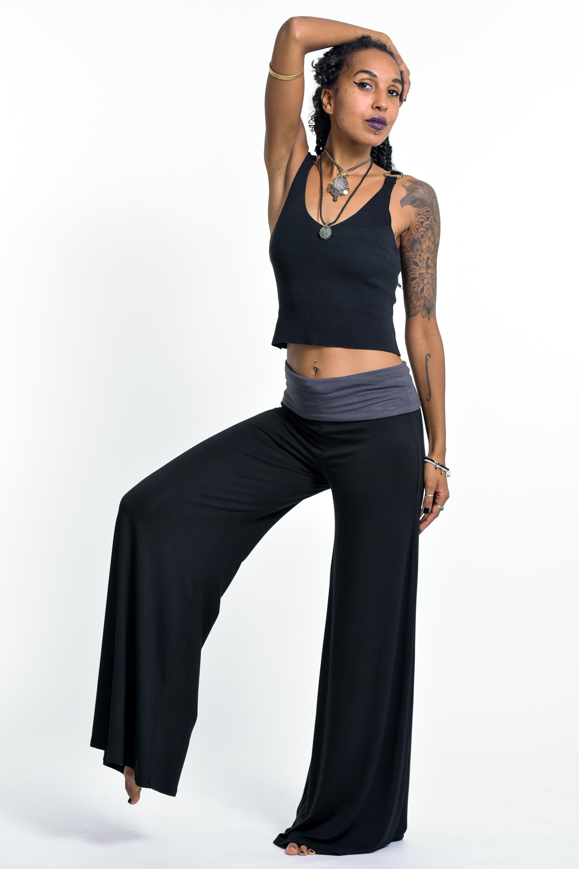 Wide Leg Palazzo Harem Pants Cotton Spandex in Solid Black