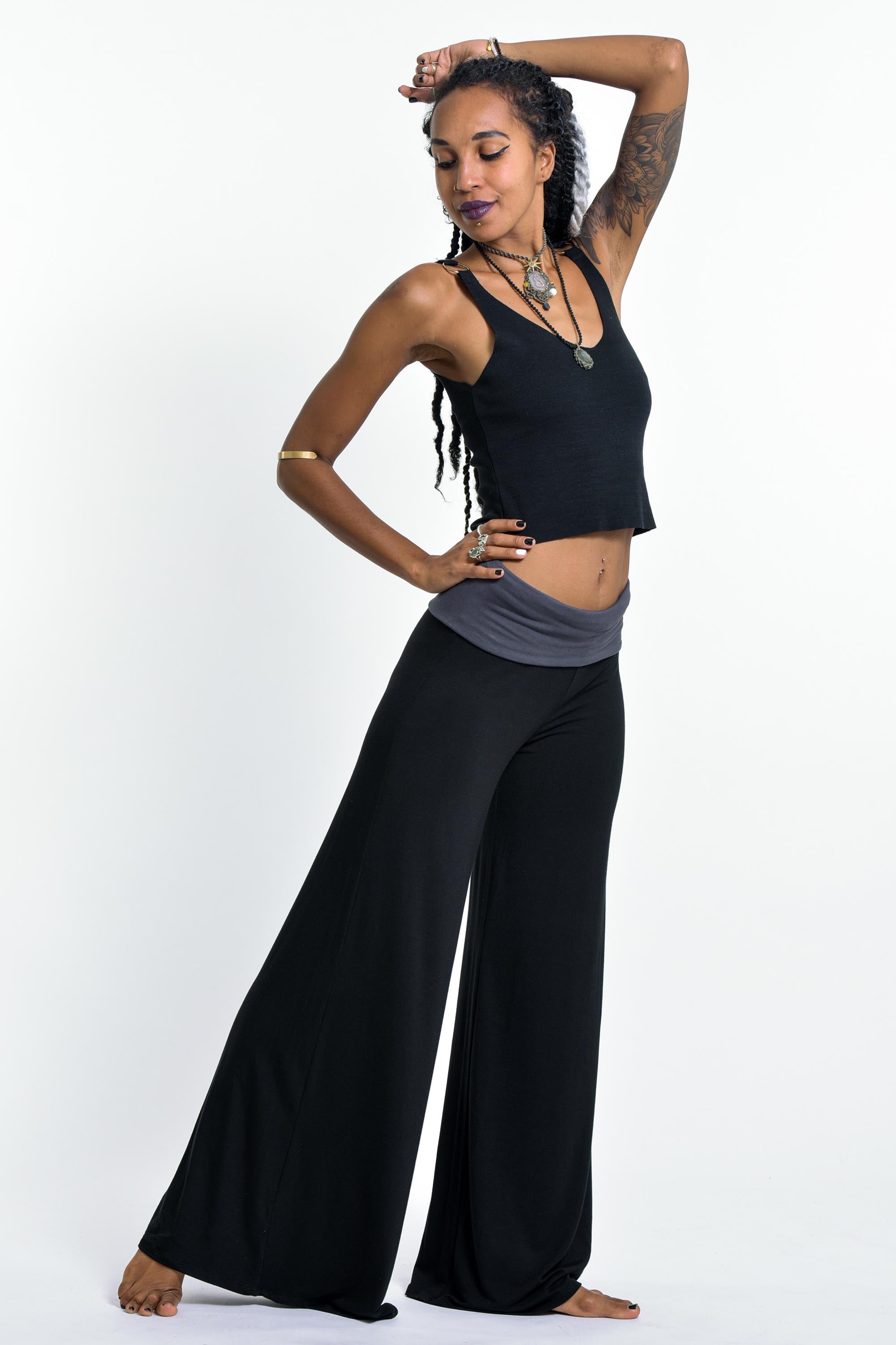 Pants Black Palazzo Wide Harem Spandex Solid Leg in Cotton