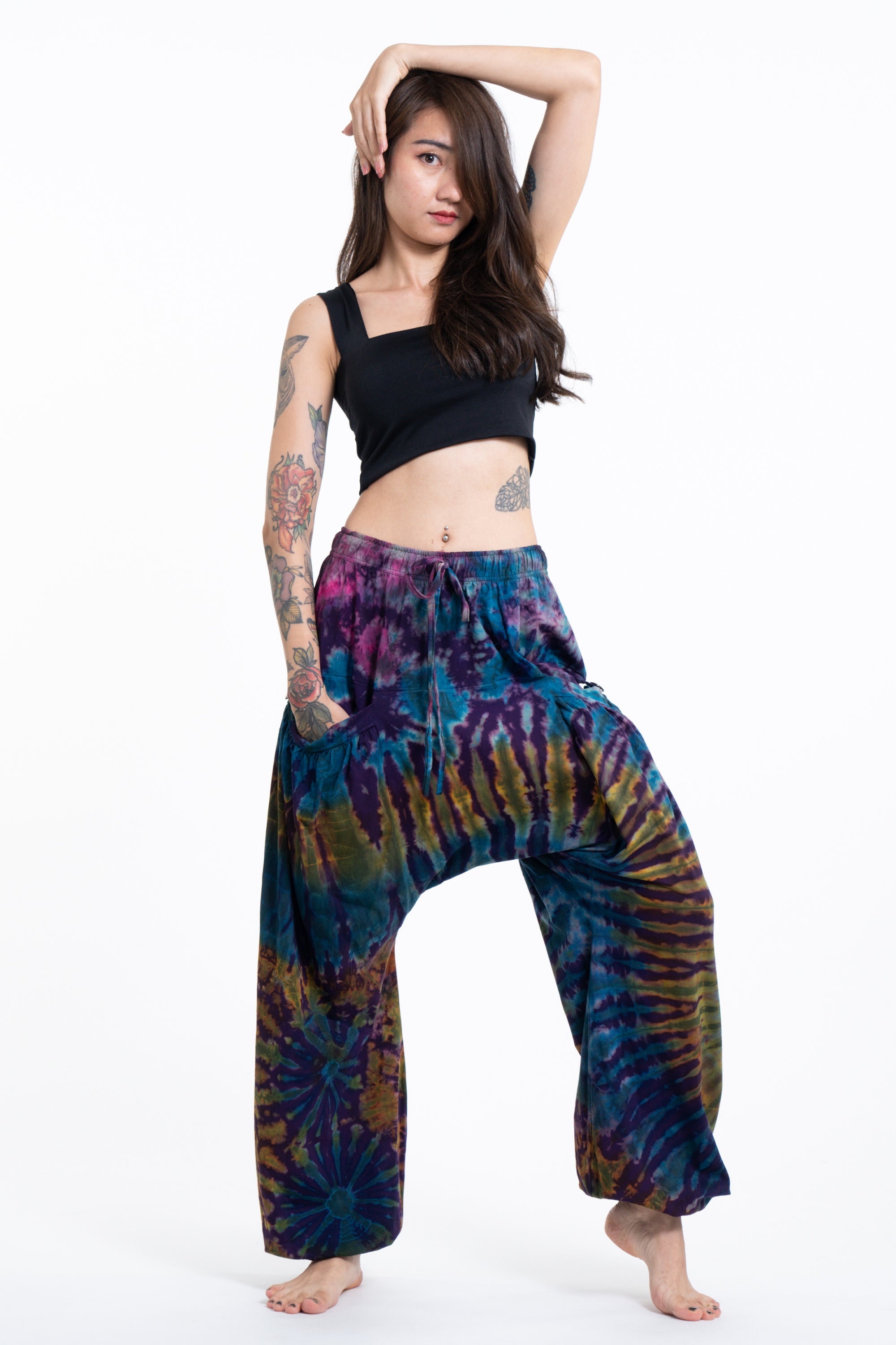 Tie Dye Cotton Women Harem Pants in Blue Purple