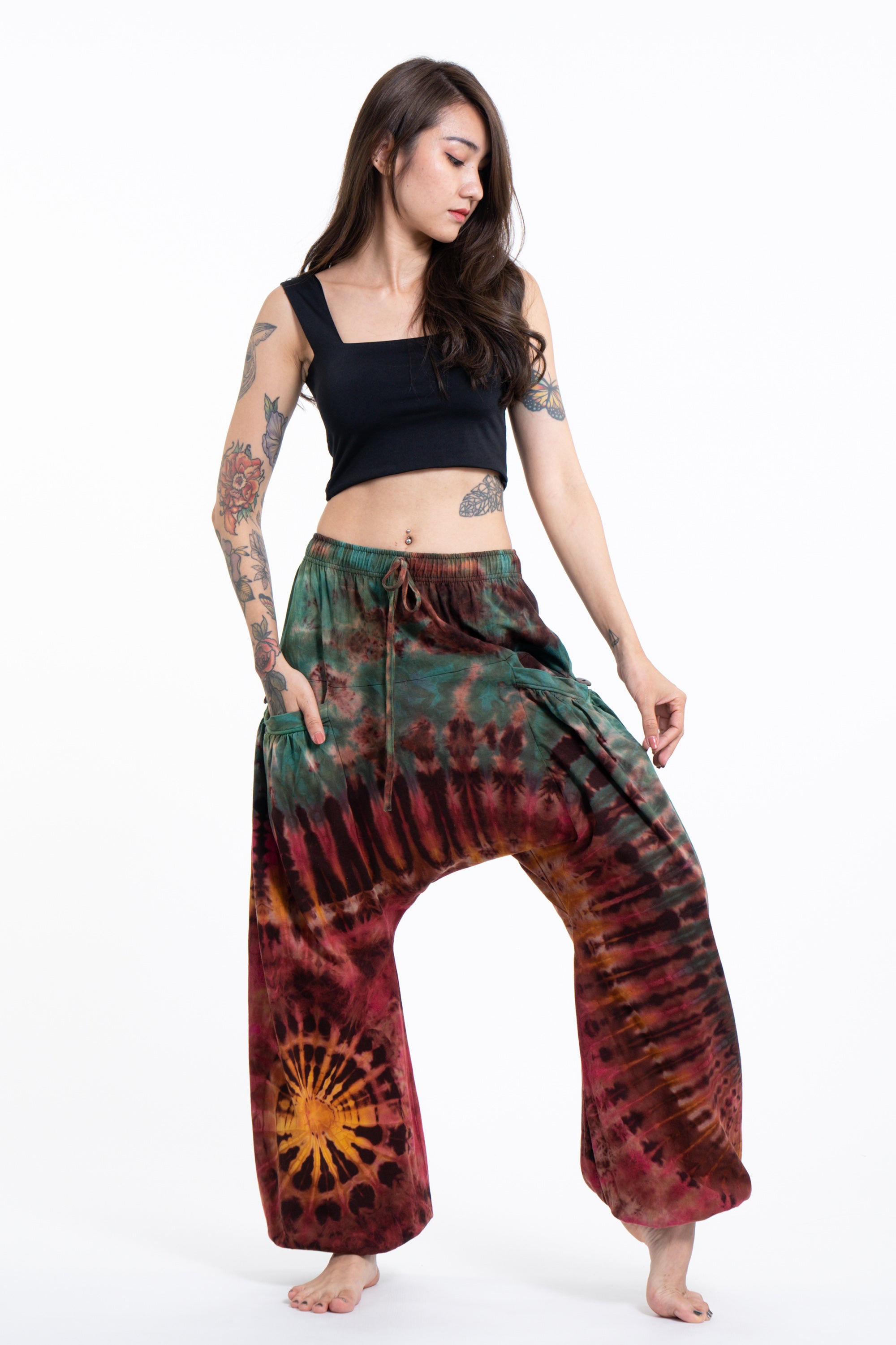 Tie Dye Cotton Women Harem Pants in Brick Green