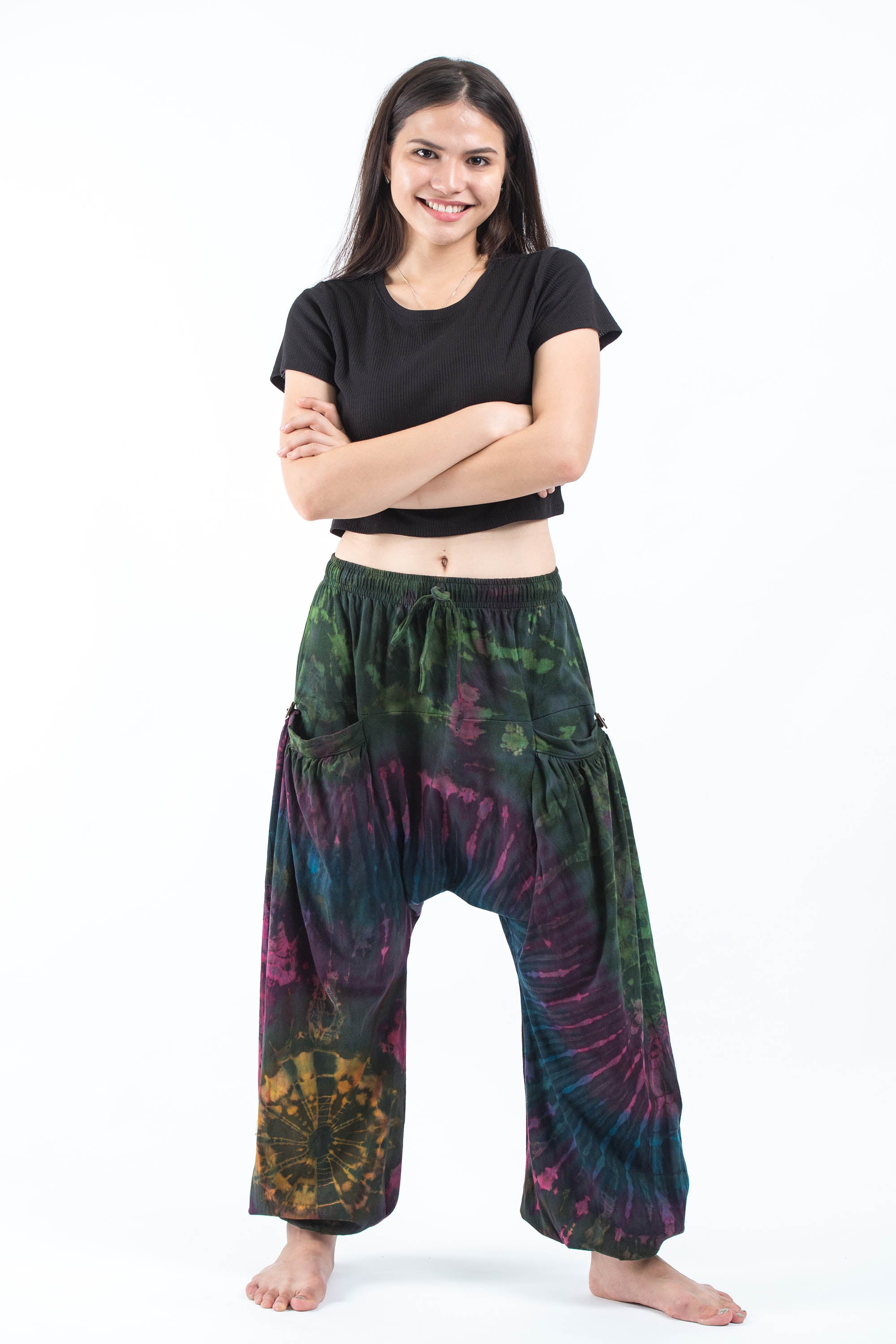 Tie Dye Cotton Women Harem Pants in Green Indigo