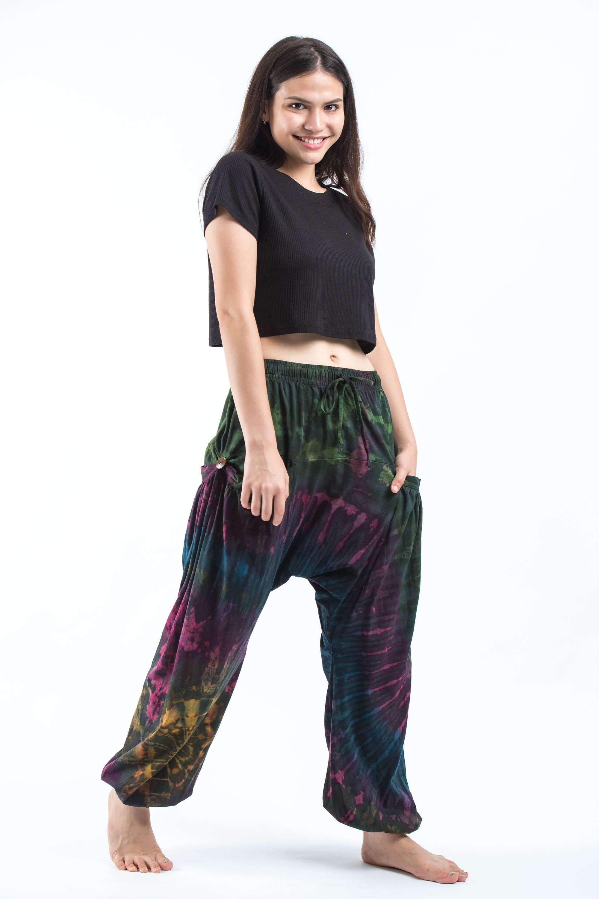 Tie Dye Cotton Women Harem Pants in Green Indigo