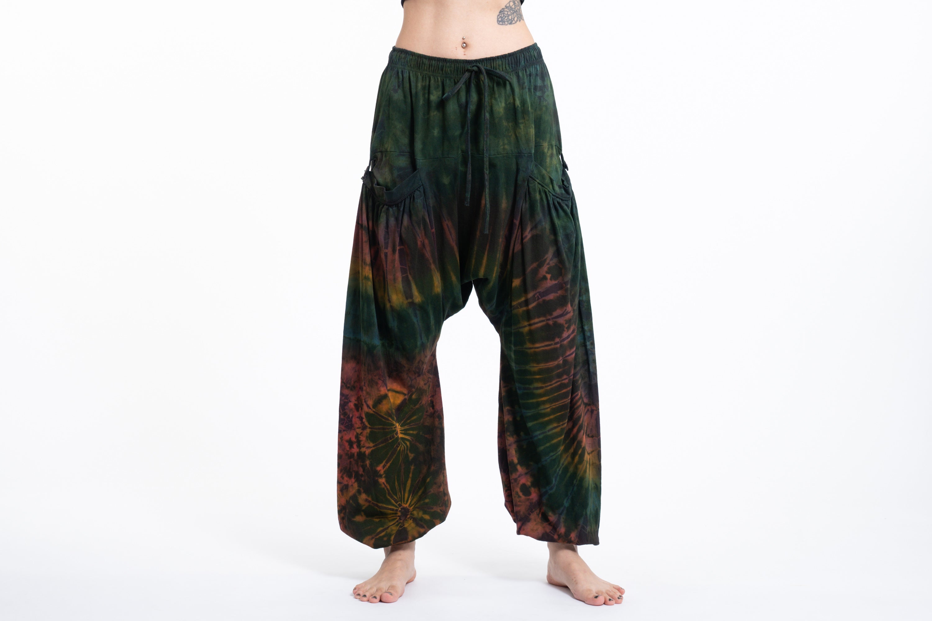 Tie Dye Cotton Women Harem Pants in Green Maroon