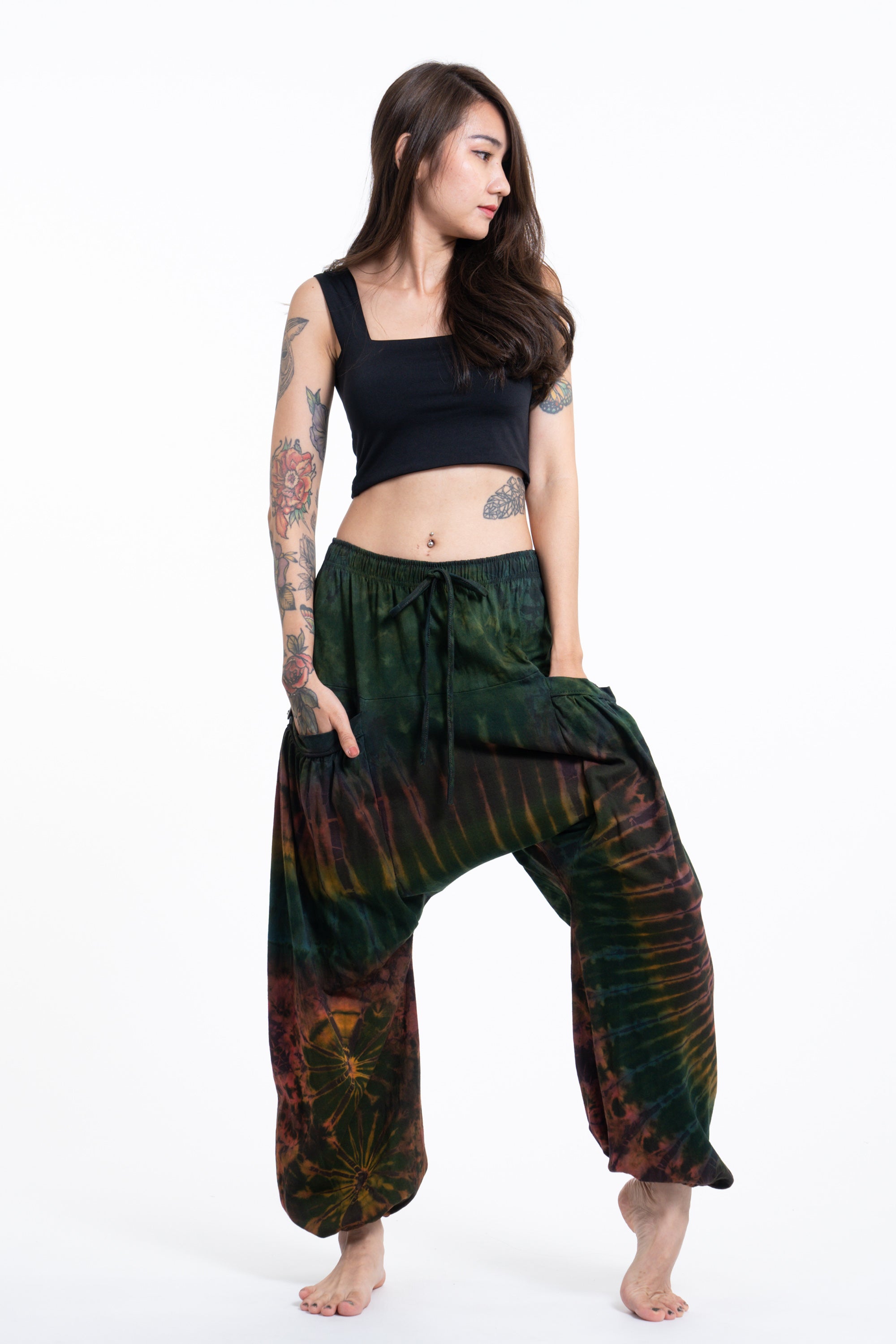Tie Dye Cotton Women Harem Pants in Green Maroon
