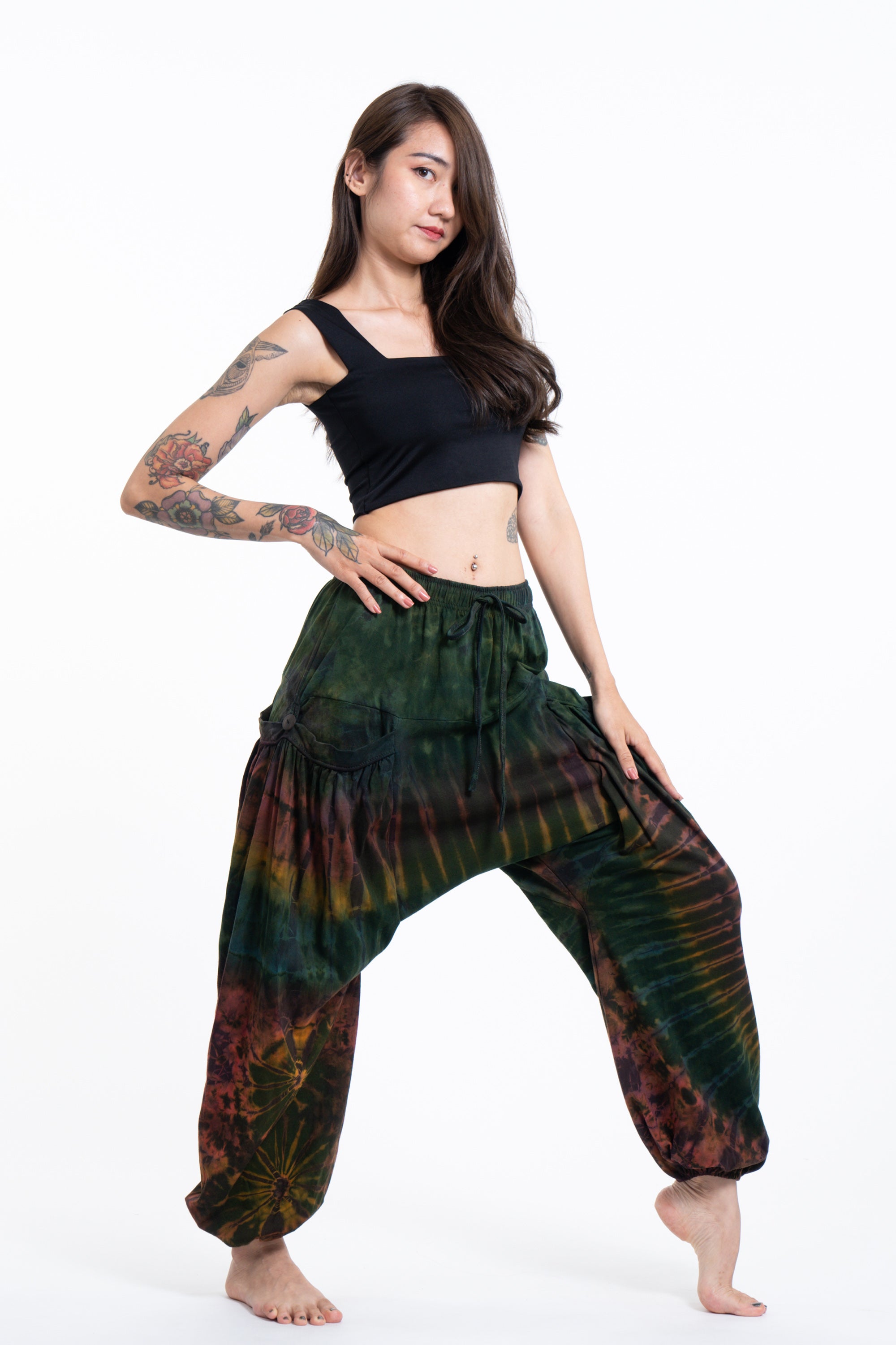 Tie Dye Cotton Women Harem Pants in Green Maroon