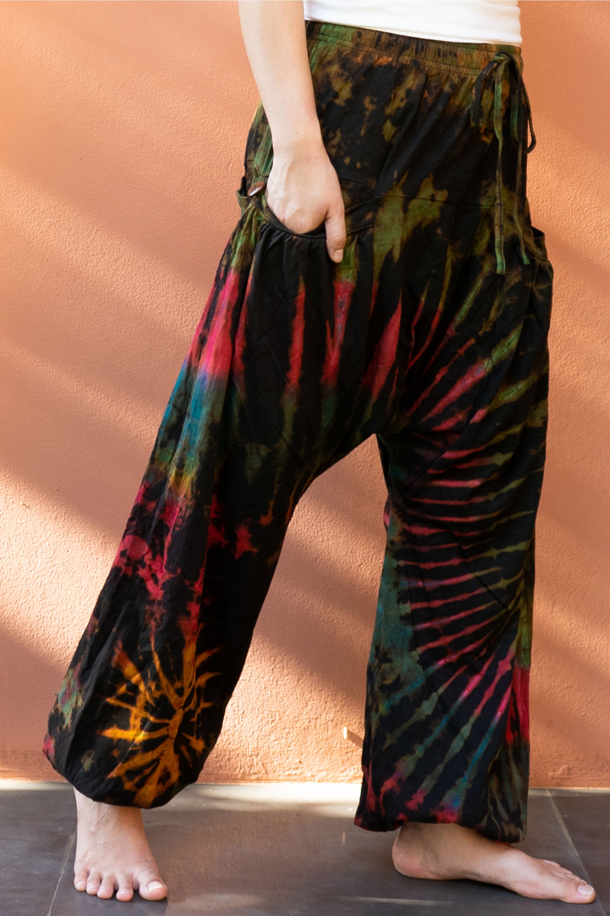 Tie Dye Cotton Women Harem Pants in Magenta Brown
