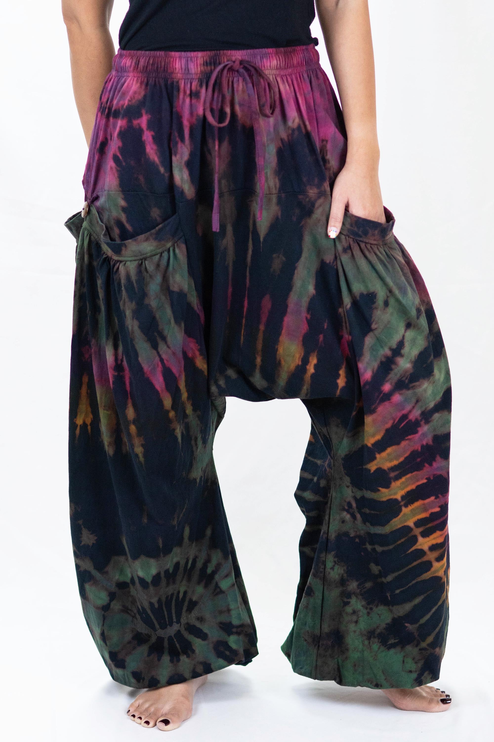 Tie Dye Cotton Women Harem Pants in Navy Green