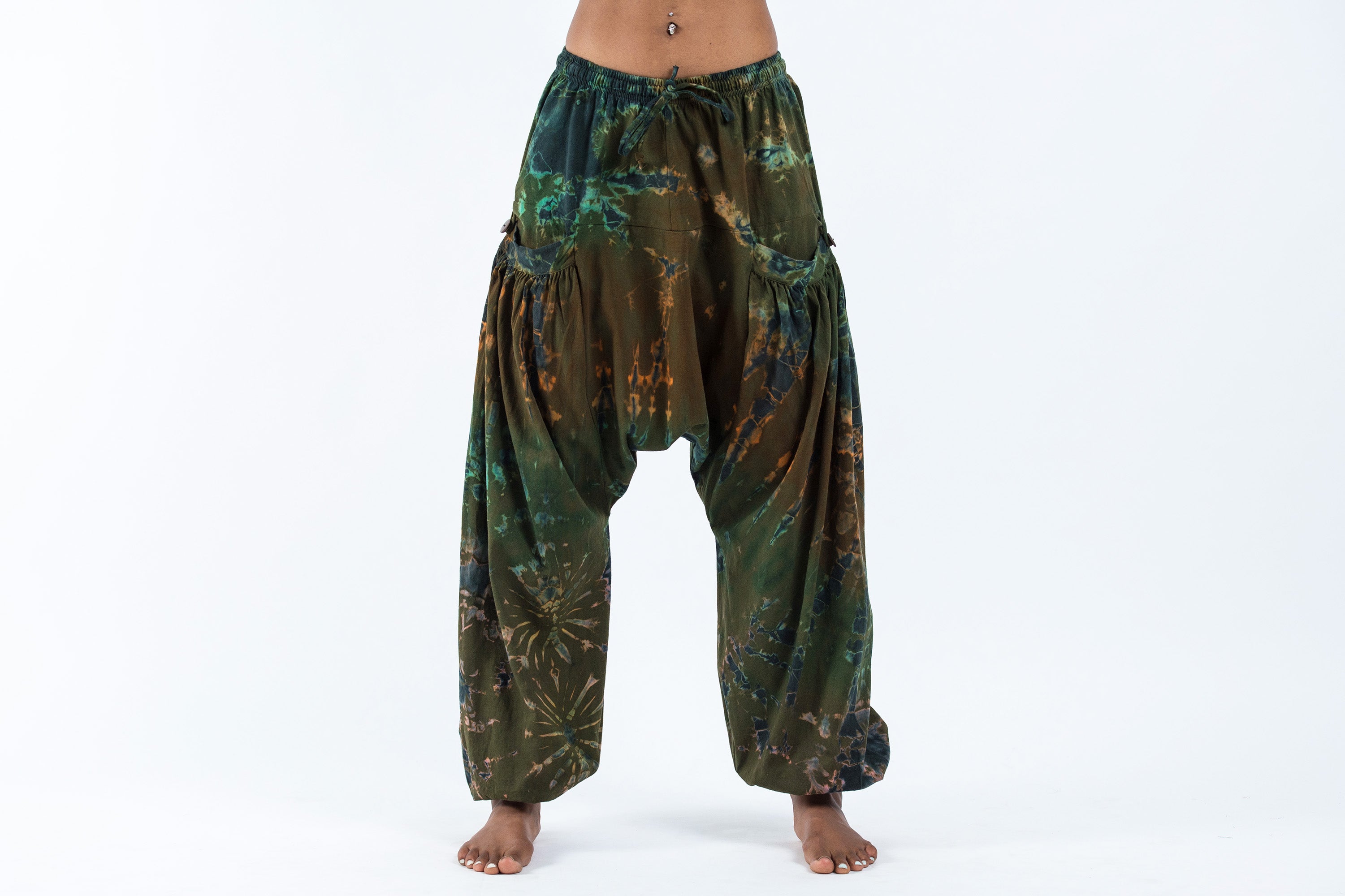 Tie Dye Cotton Women Harem Pants in Olive