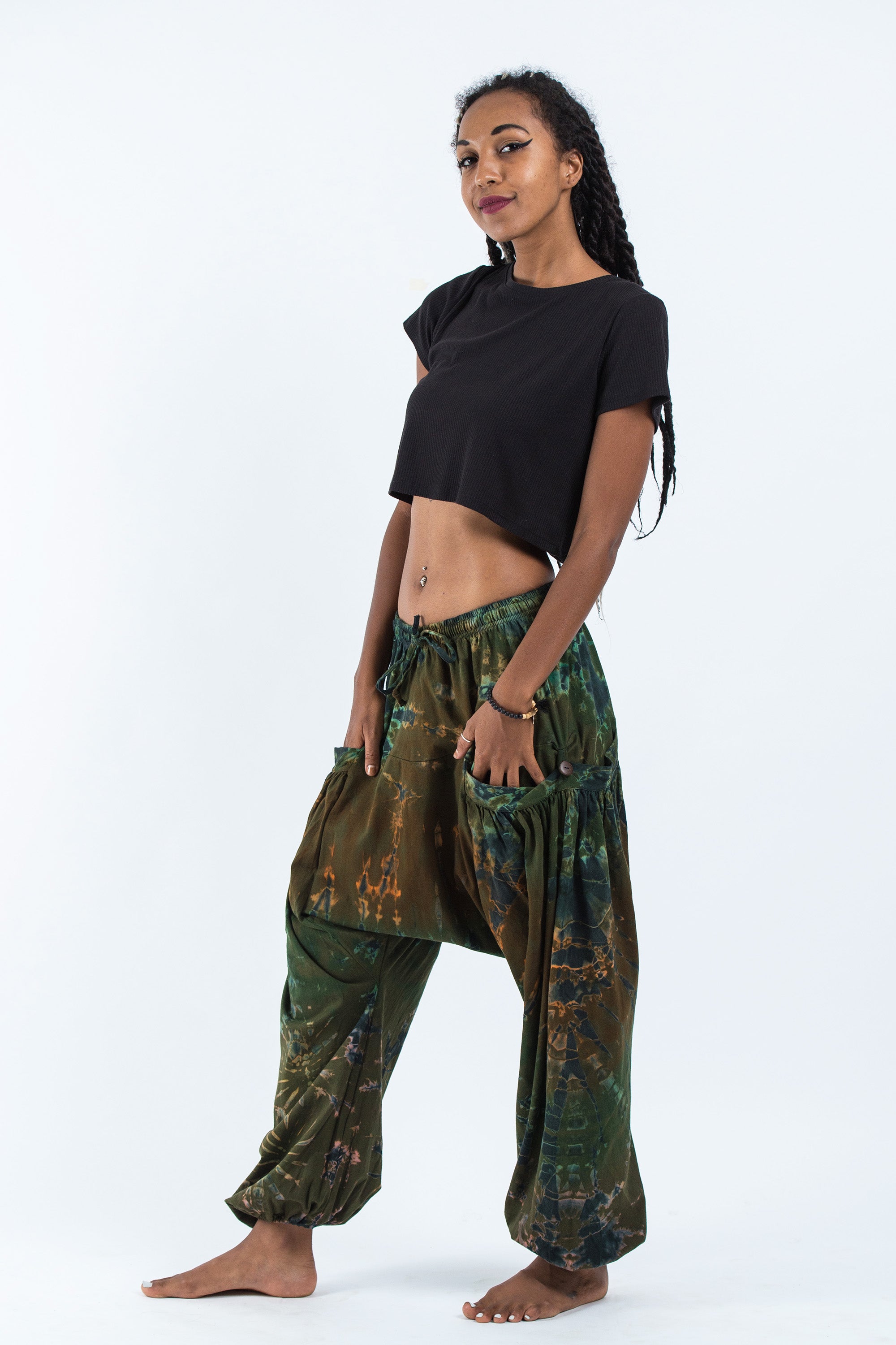 Tie Dye Cotton Women Harem Pants in Olive