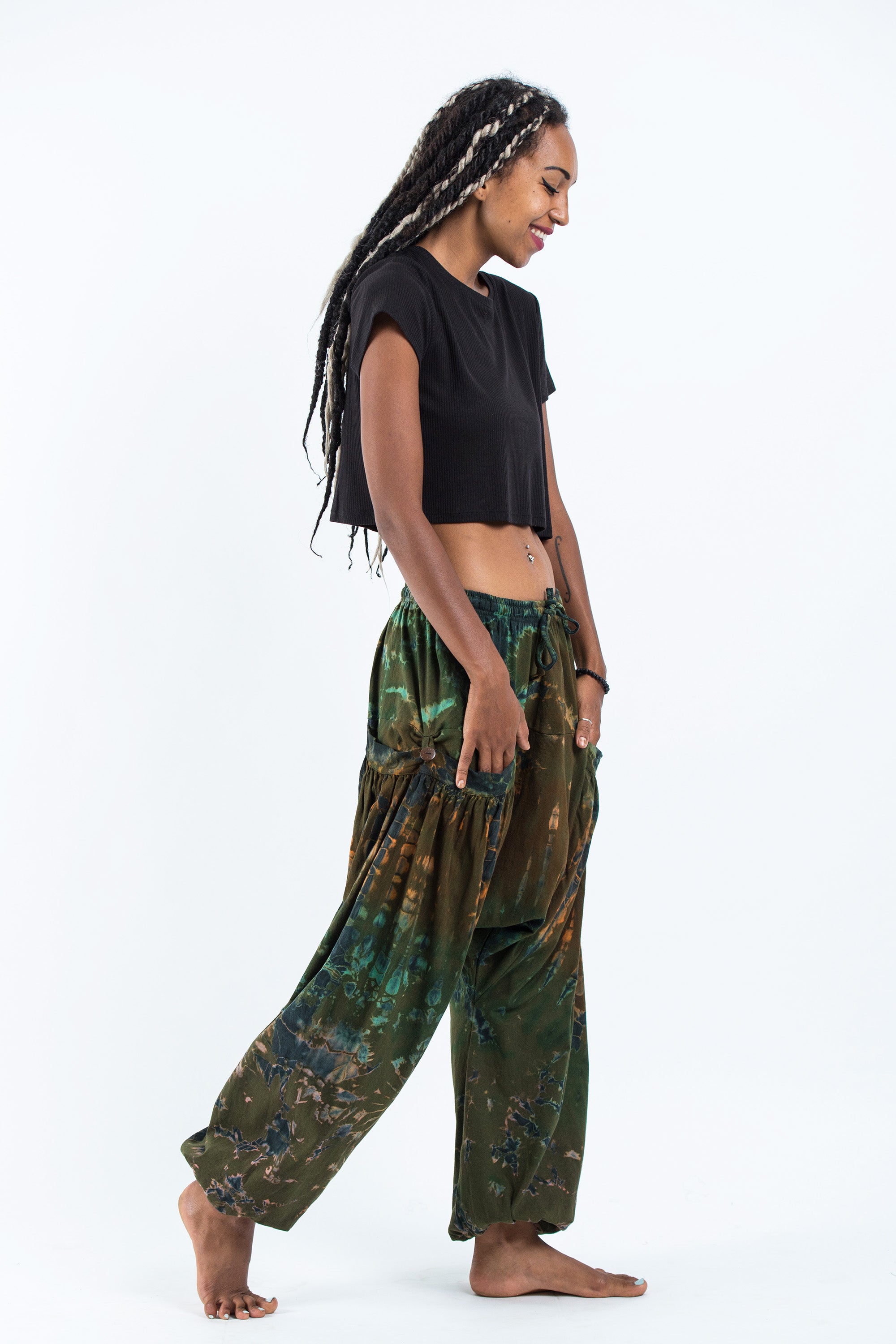 Tie Dye Cotton Women Harem Pants in Olive