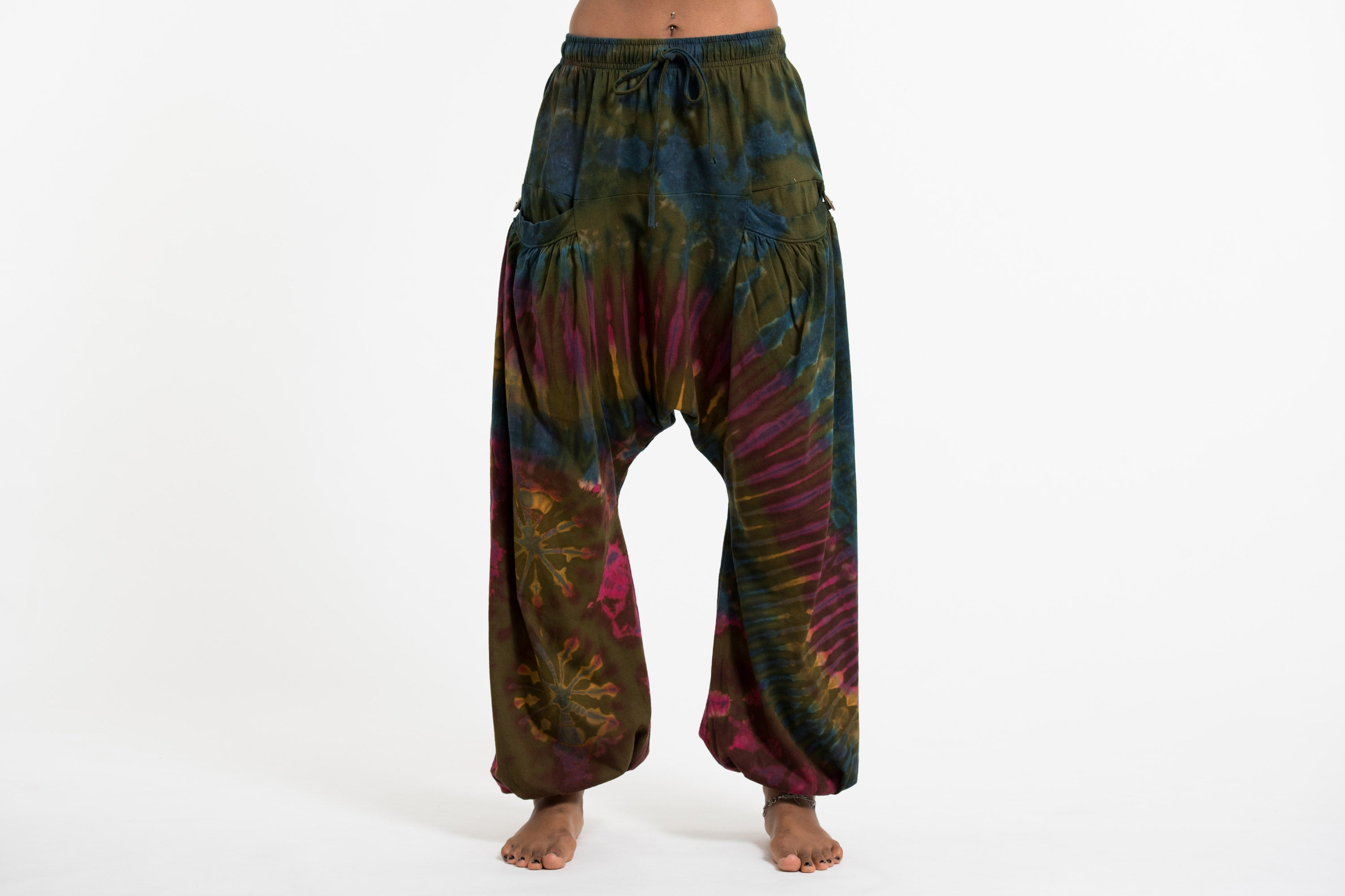 Tie Dye Cotton Women Harem Pants in Olive Blue