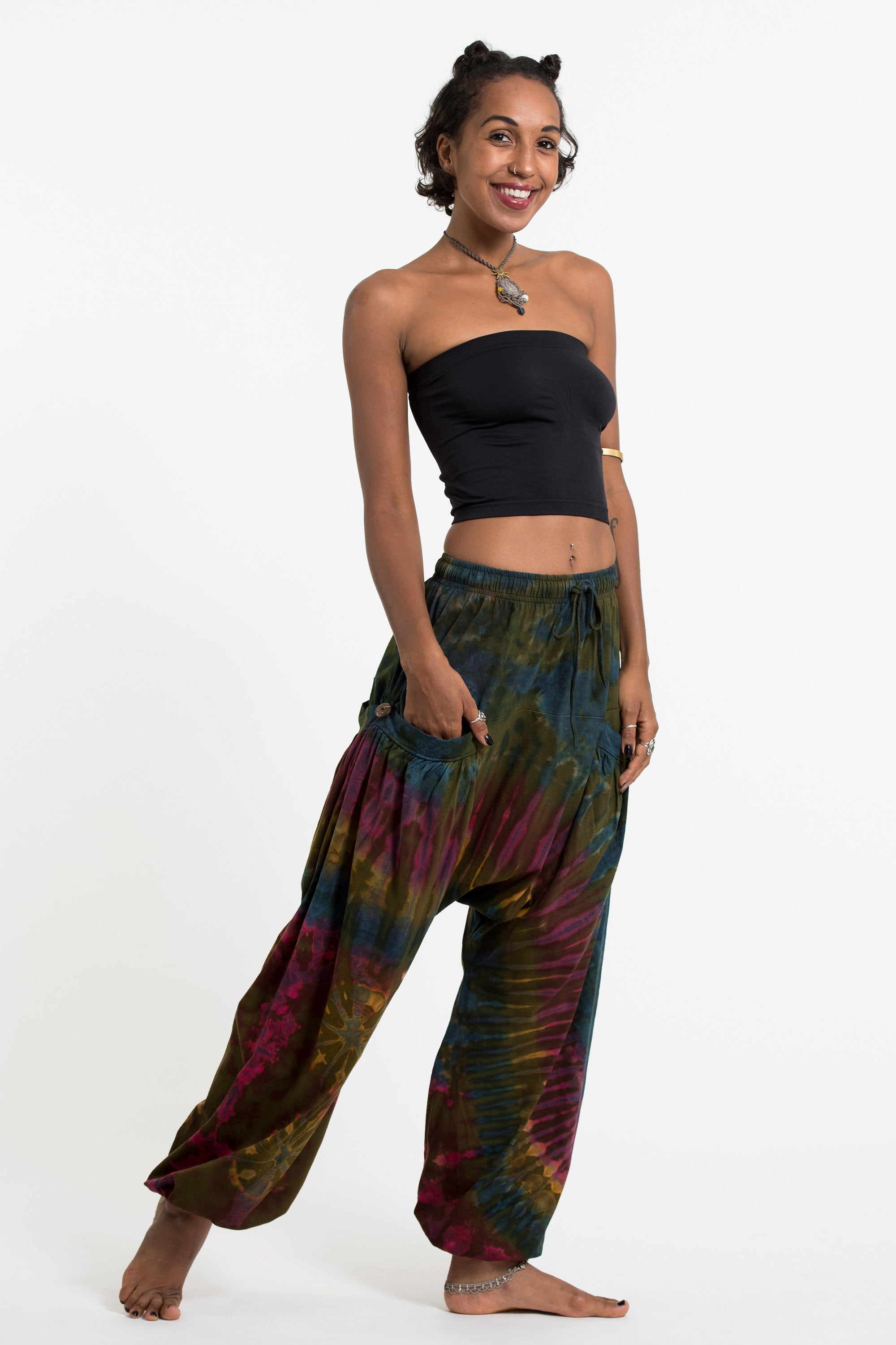 Tie Dye Cotton Women Harem Pants in Olive Blue