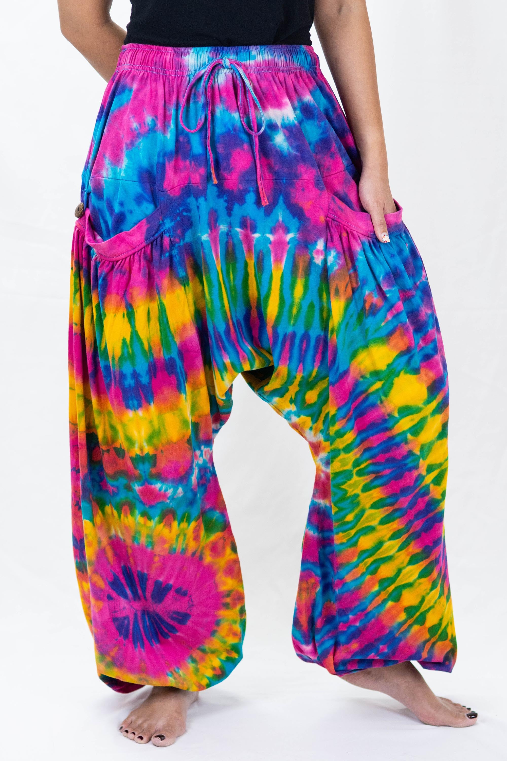 Tie Dye Cotton Women Harem Pants in Pink Turquoise
