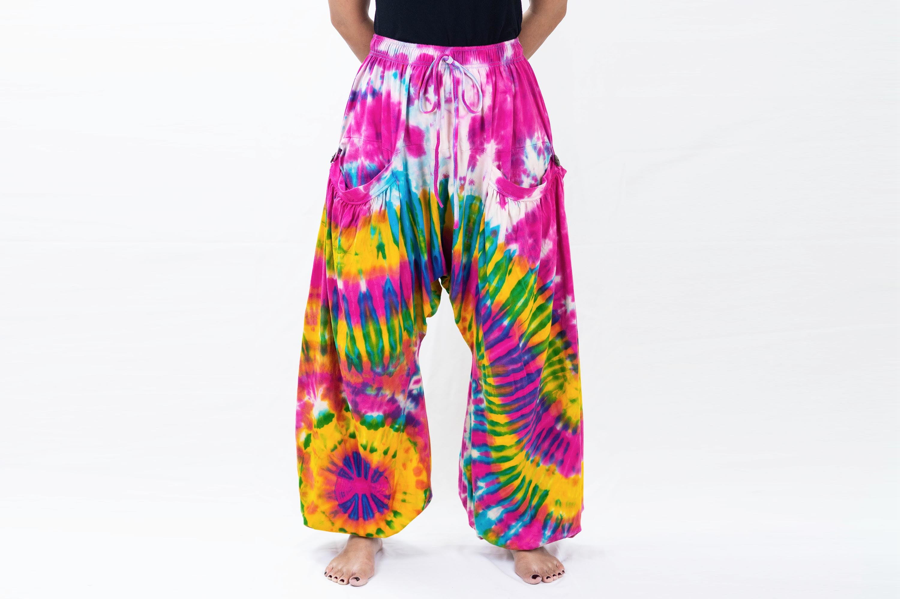 Tie Dye Cotton Women Harem Pants in Yellow Pink