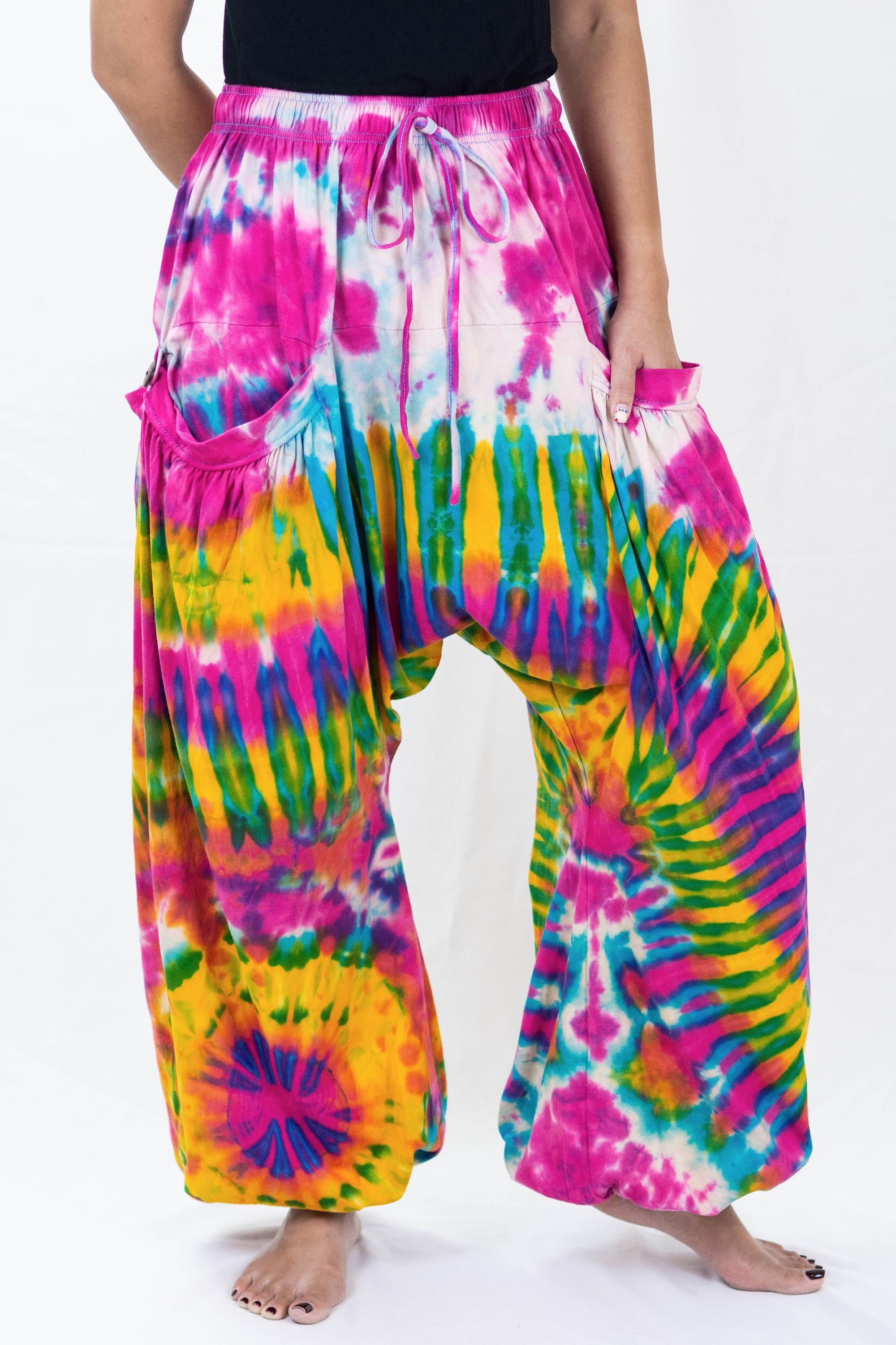 Tie Dye Cotton Women Harem Pants in Yellow Pink