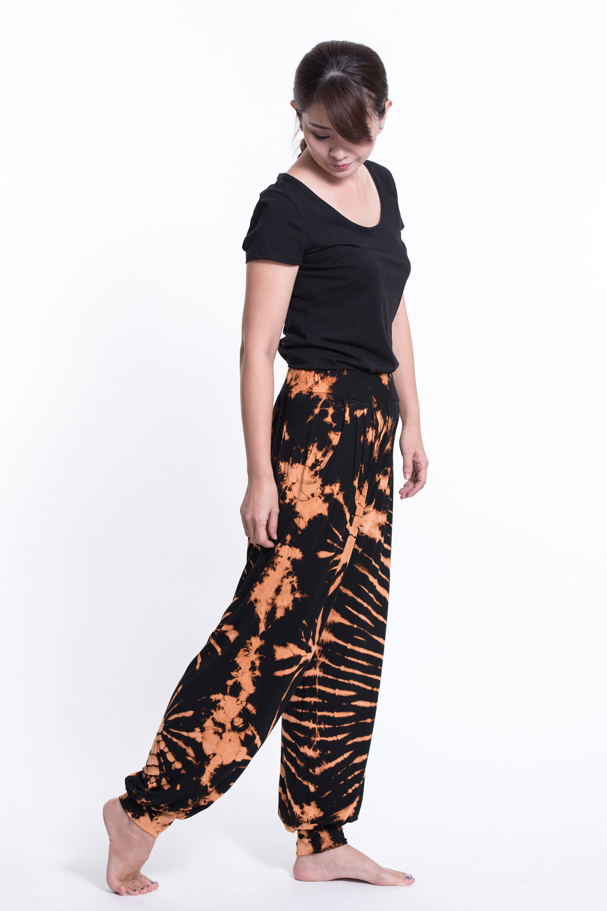 Soft Flex Womens Tie Dye Harem Pants in Black Orange