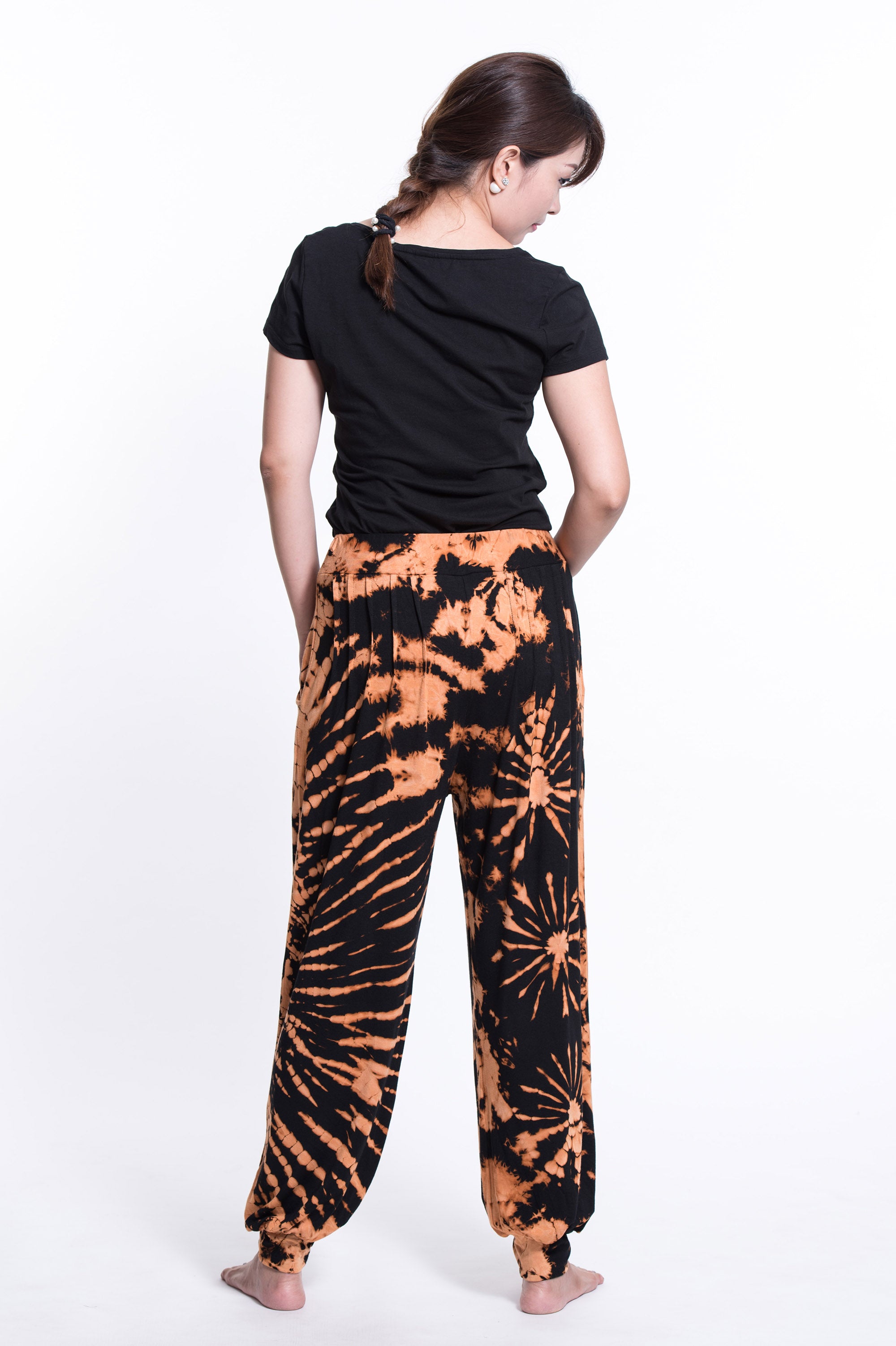Soft Flex Womens Tie Dye Harem Pants in Black Orange
