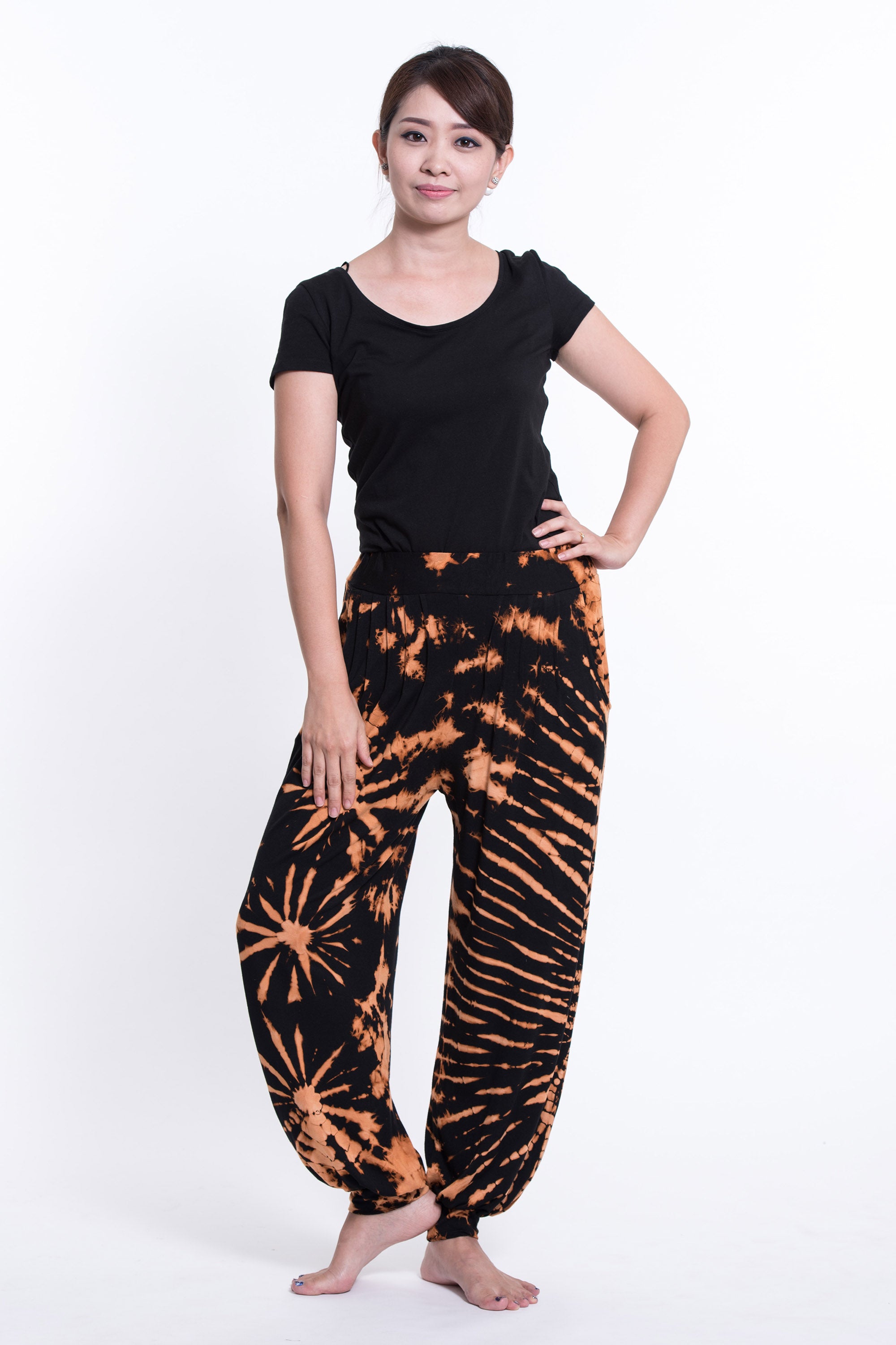 Soft Flex Womens Tie Dye Harem Pants in Black Orange