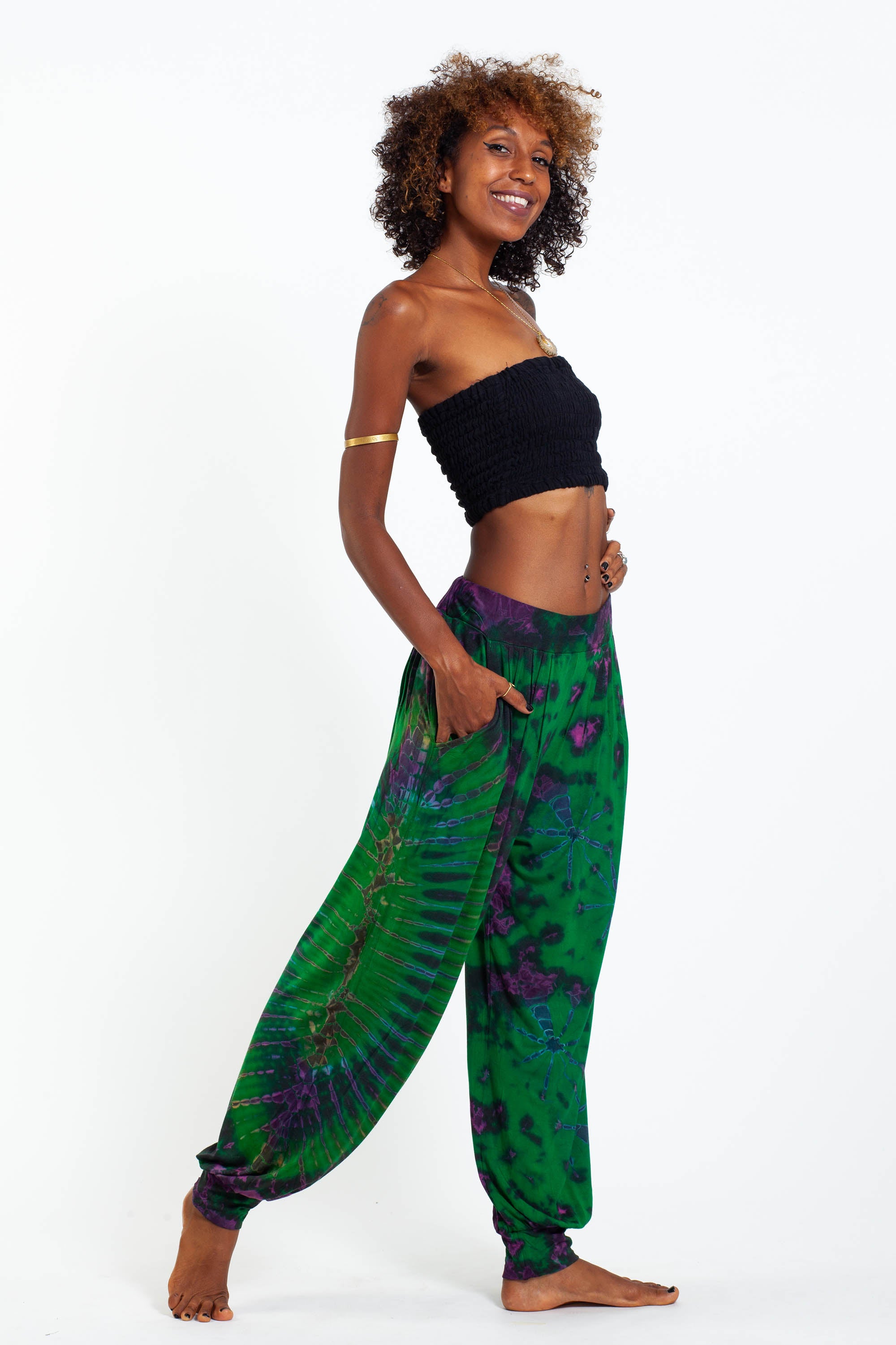Soft Flex Womens Tie Dye Harem Pants in Green Purple