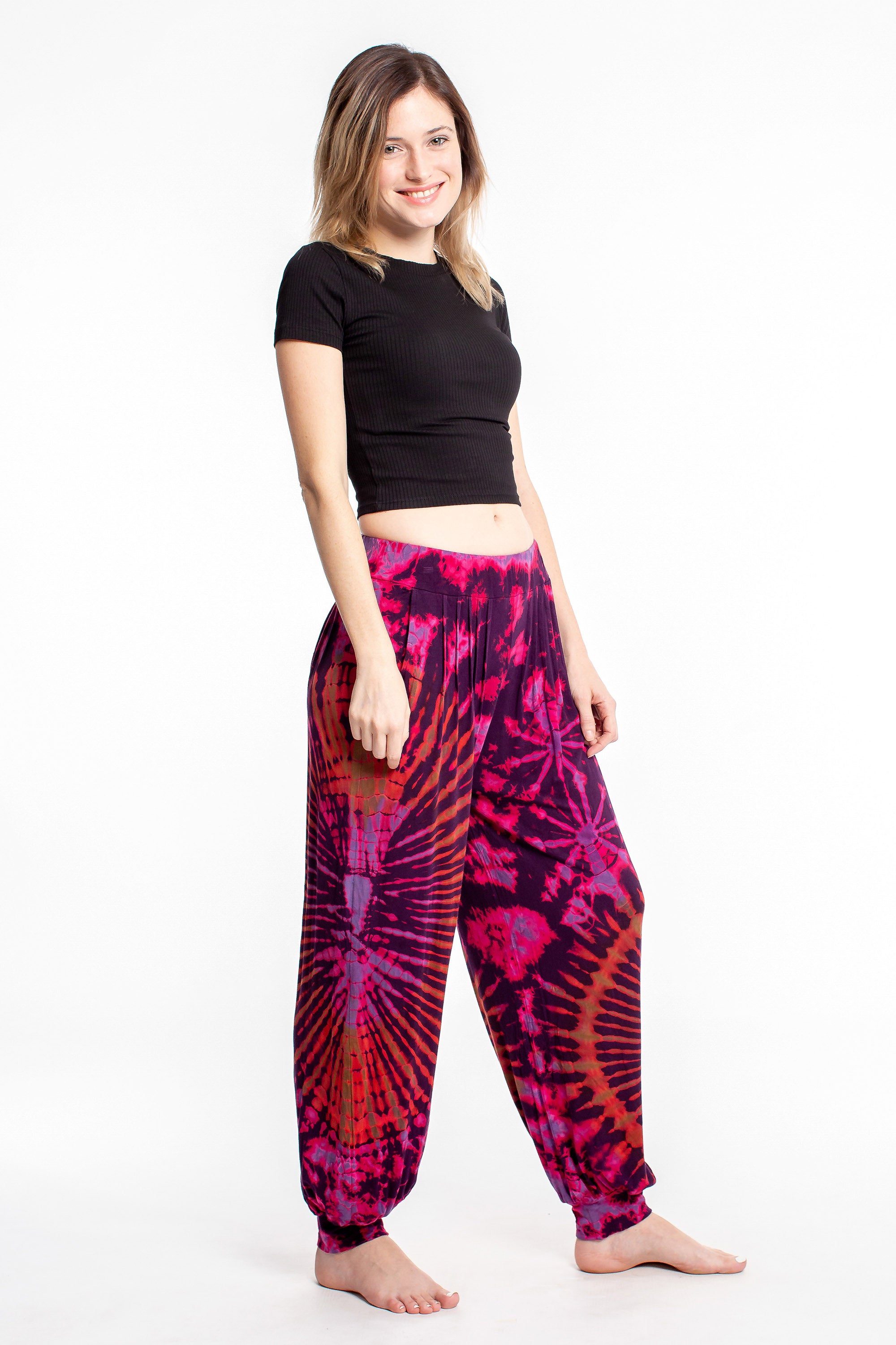 Soft Flex Womens Tie Dye Harem Pants in Magenta