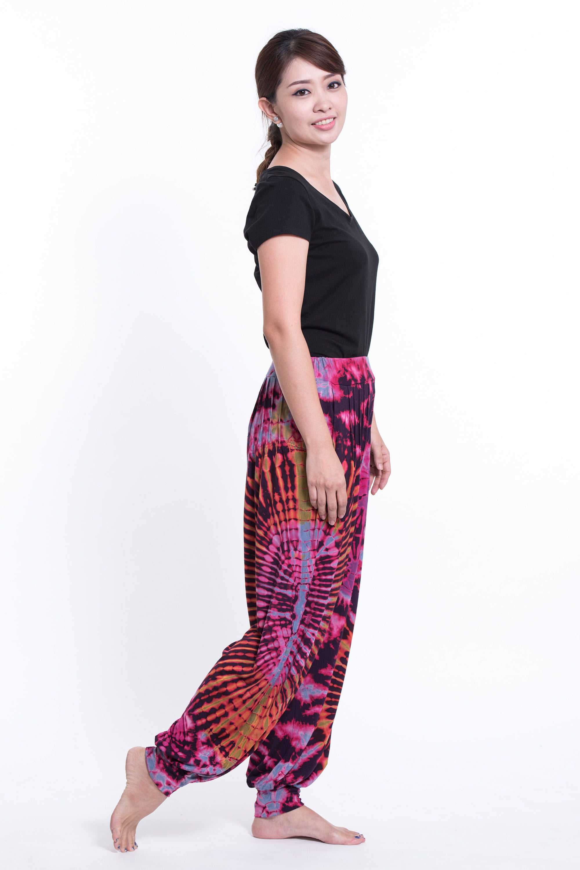 Soft Flex Womens Tie Dye Harem Pants in Purple Pink