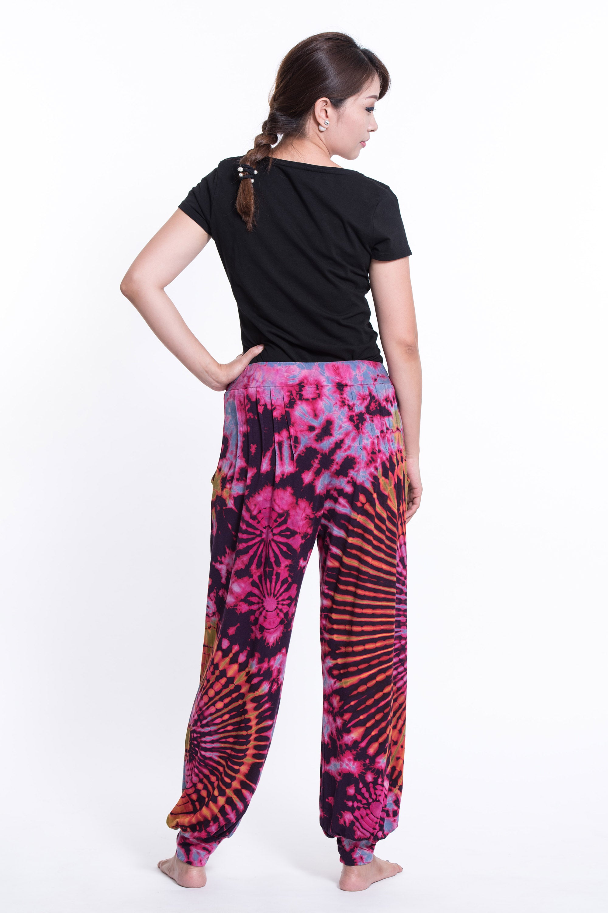 Soft Flex Womens Tie Dye Harem Pants in Purple Pink