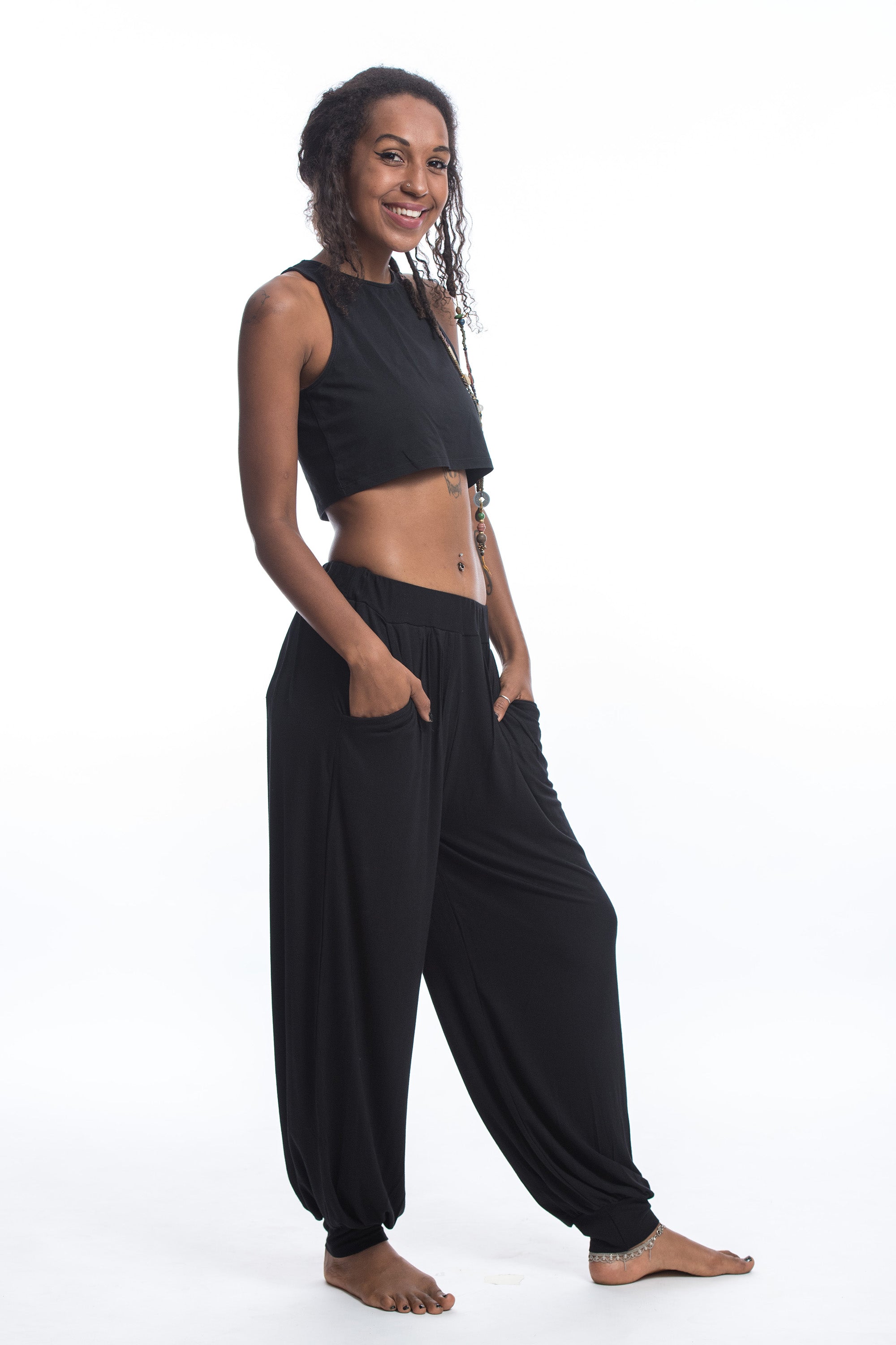 Soft Flex Womens Harem Pants in Solid Black