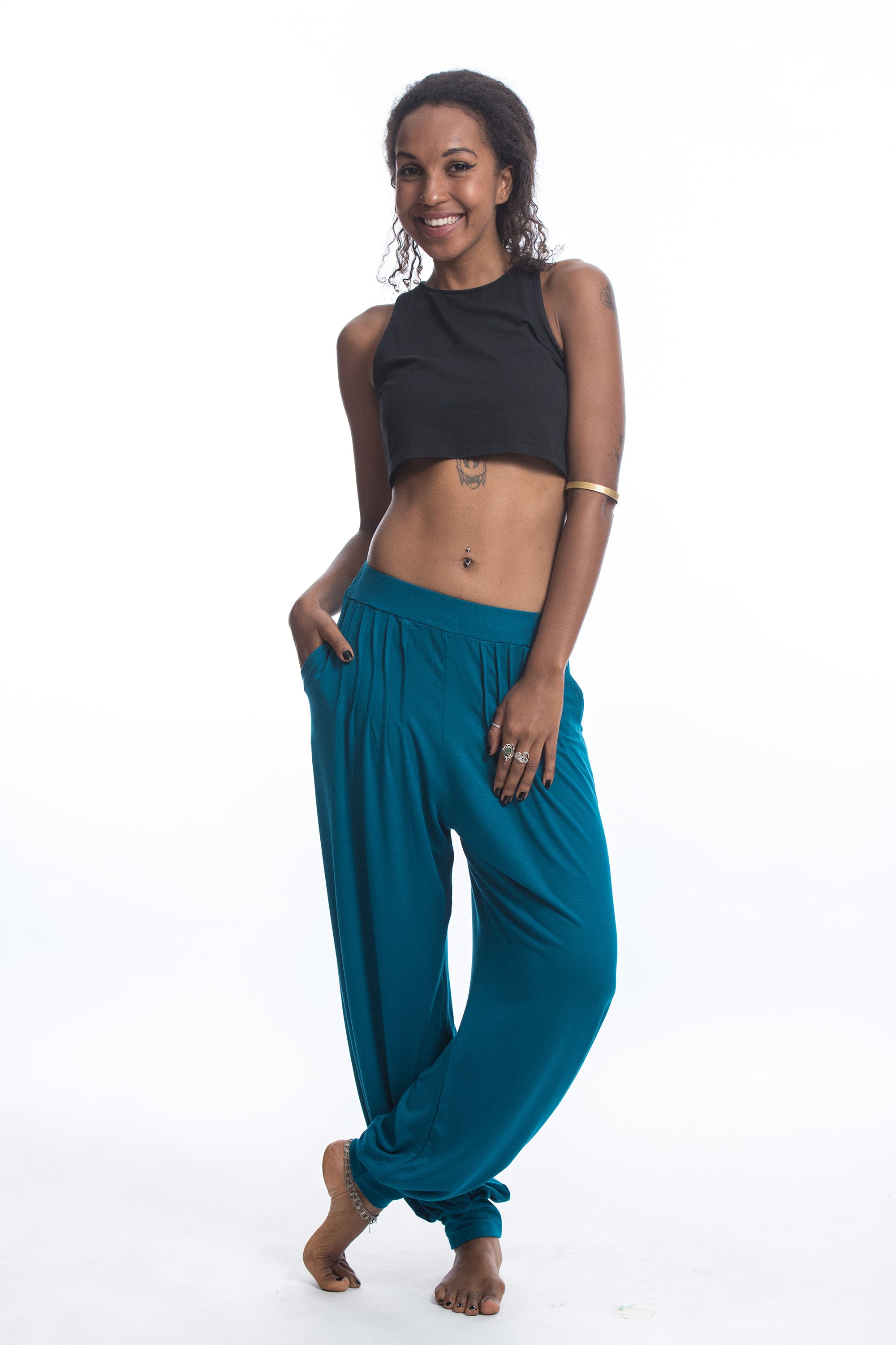 Soft Flex Womens Harem Pants in Solid Blue