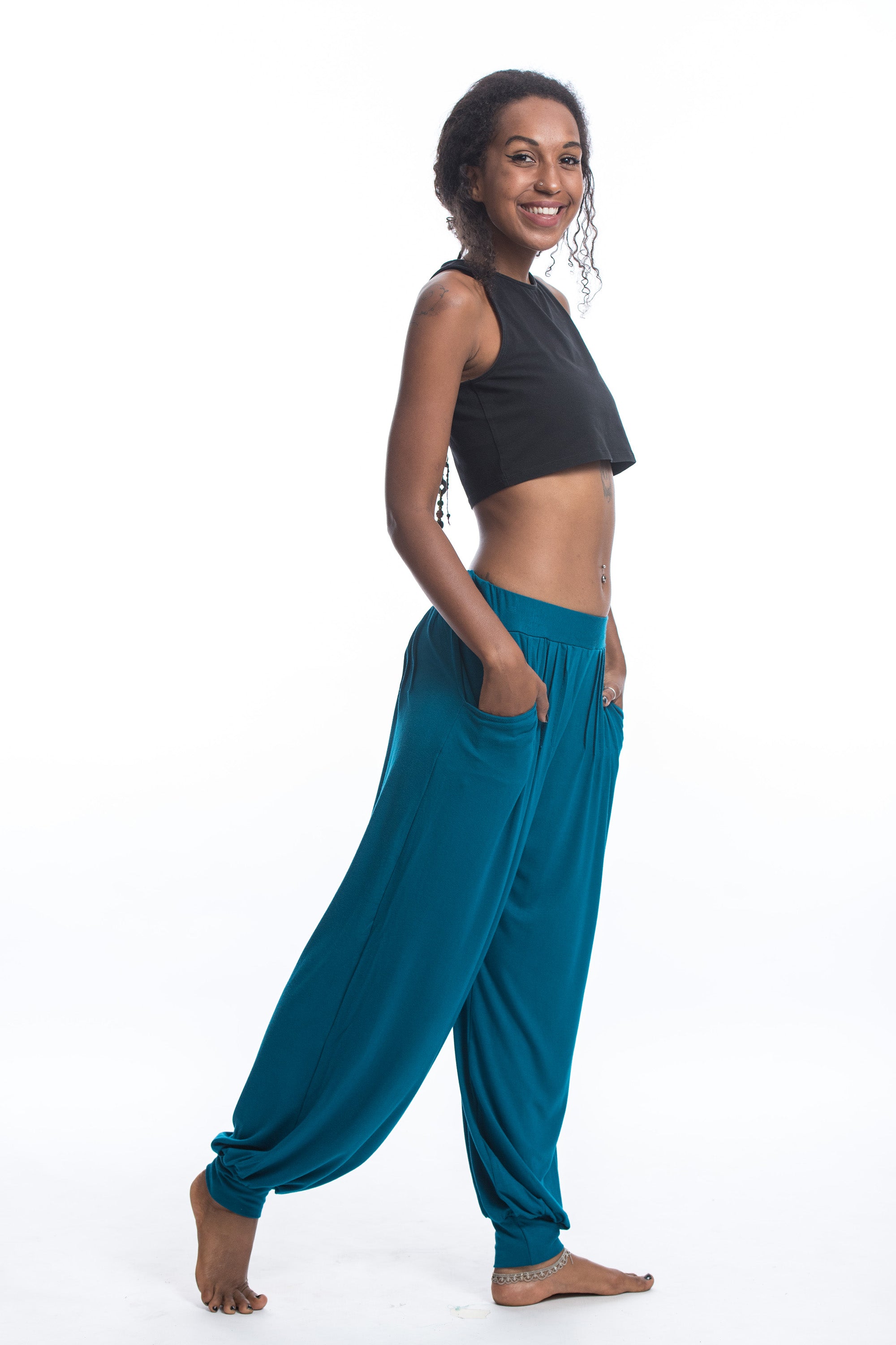 Soft Flex Womens Harem Pants in Solid Blue