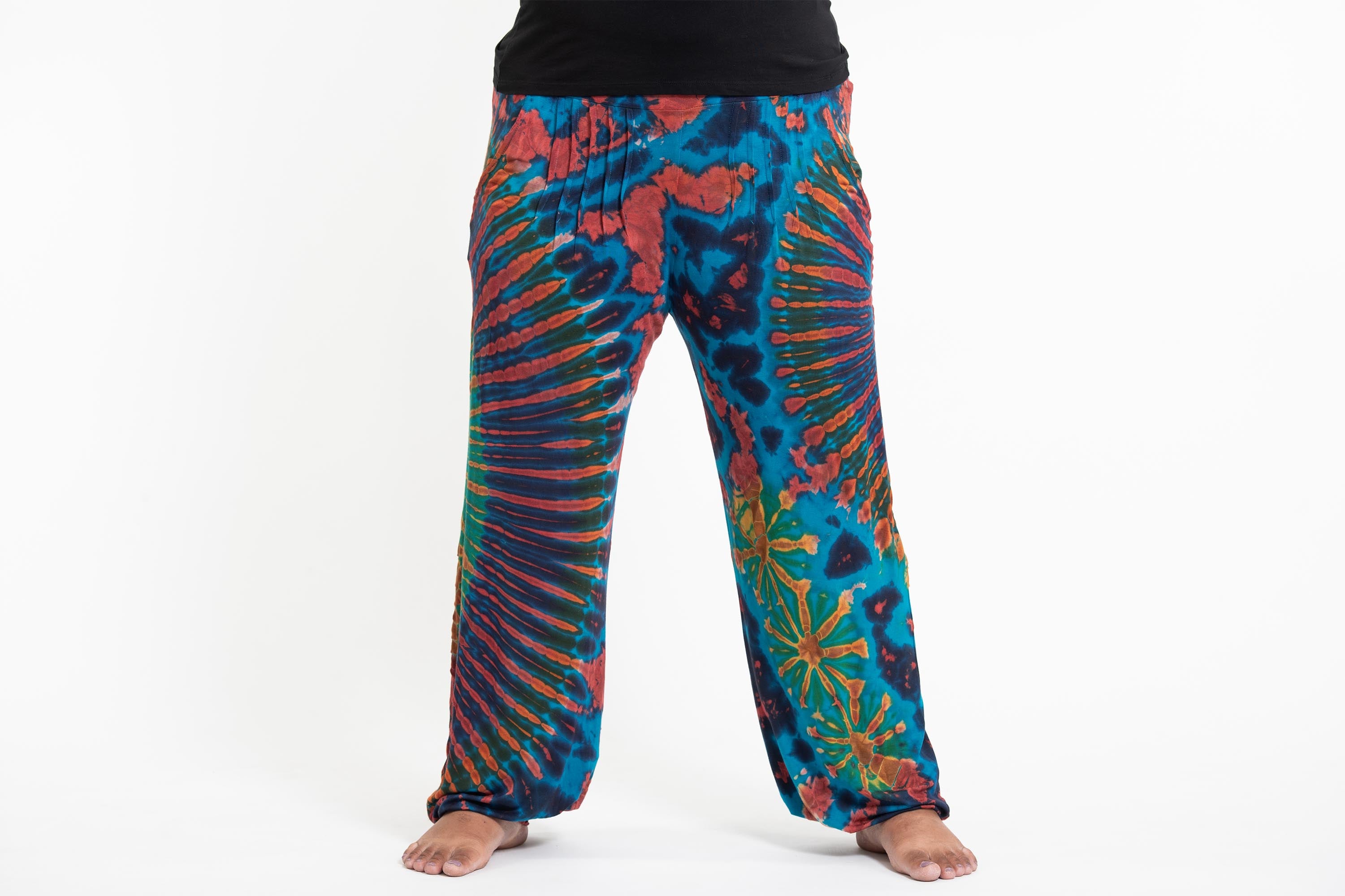 Plus Size Soft Flex Womens Tie Dye Harem Pants in Blue Rainbow