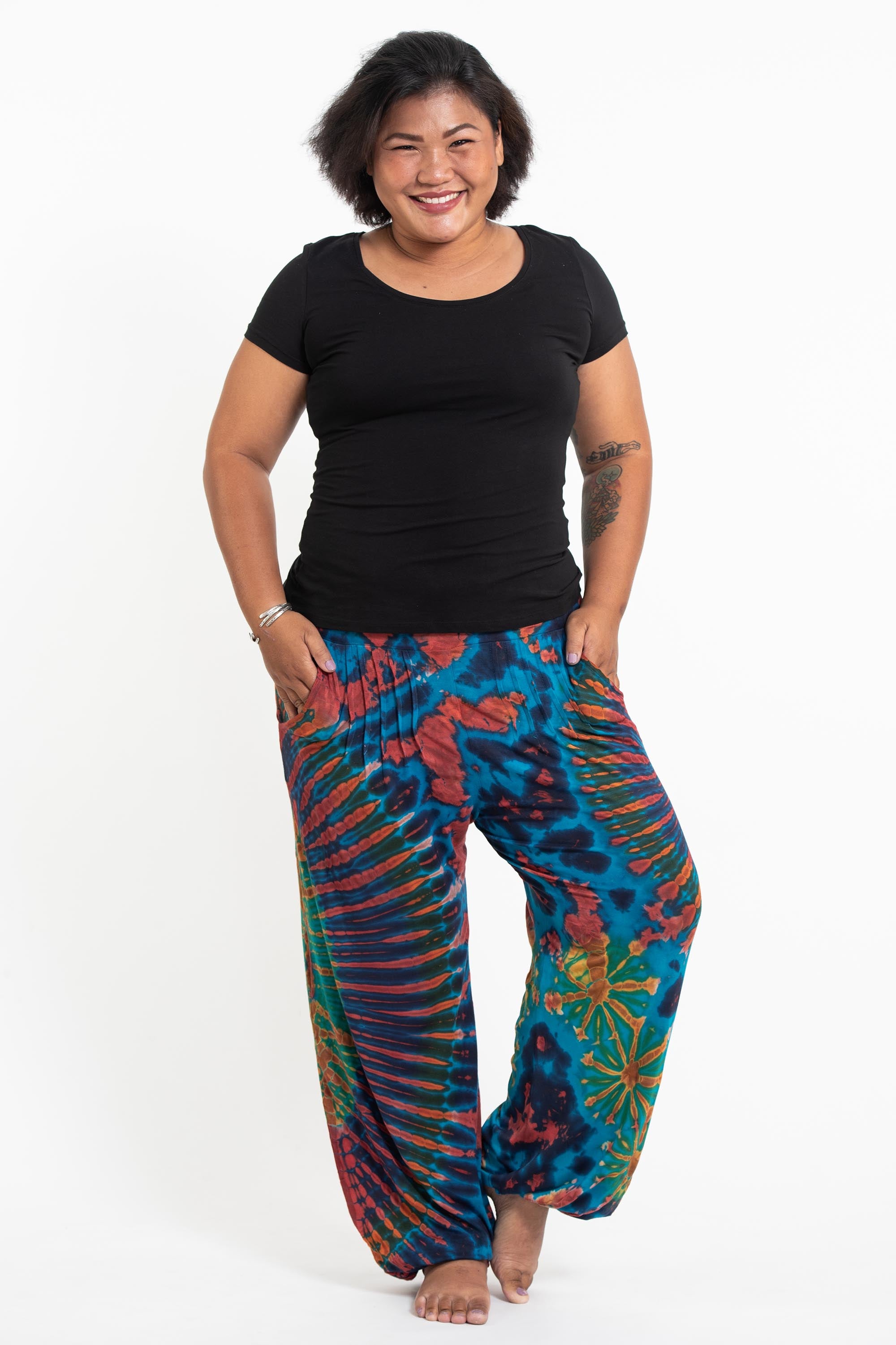Plus Size Soft Flex Womens Tie Dye Harem Pants in Blue Rainbow