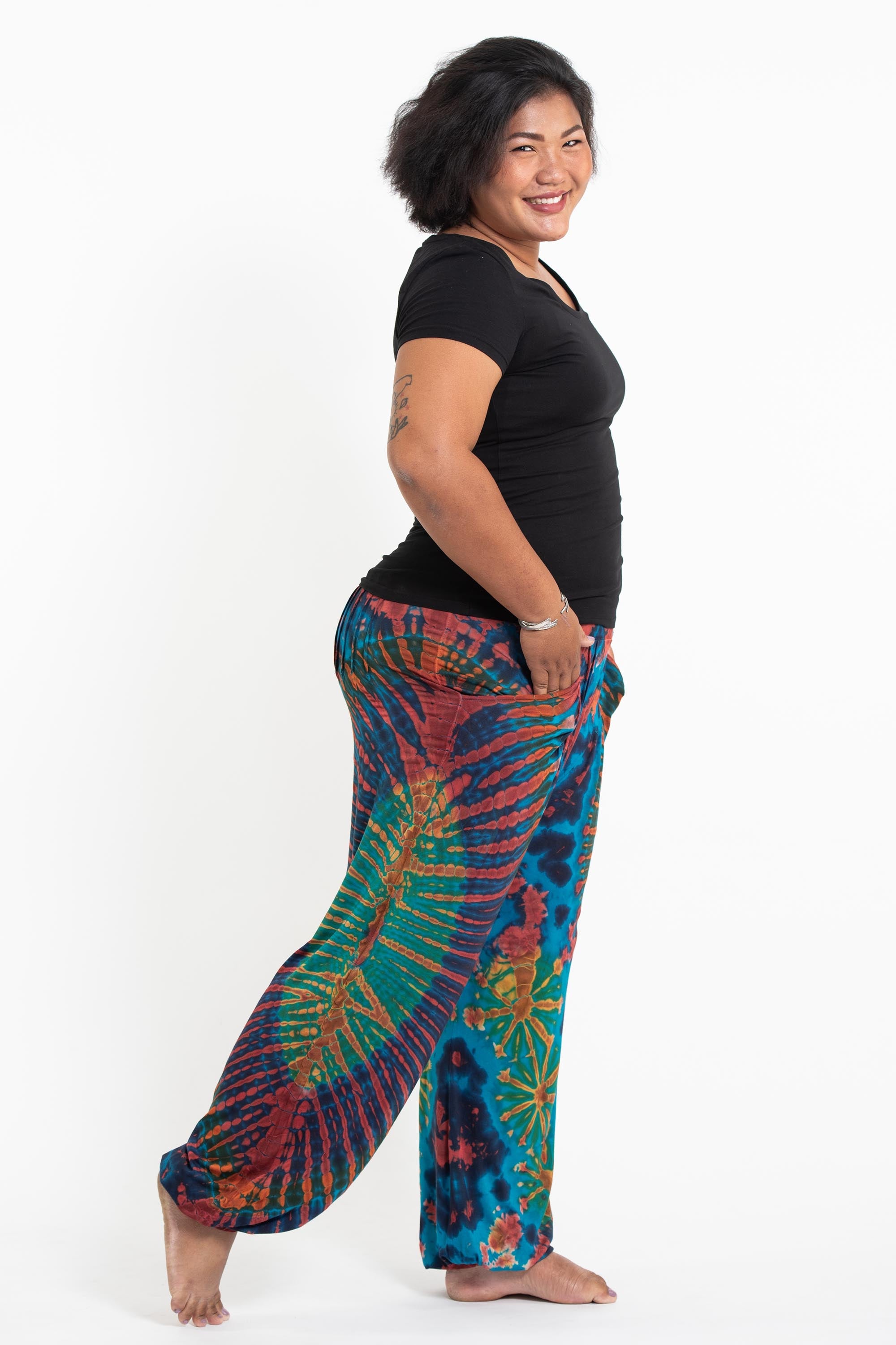 Plus Size Soft Flex Womens Tie Dye Harem Pants in Blue Rainbow