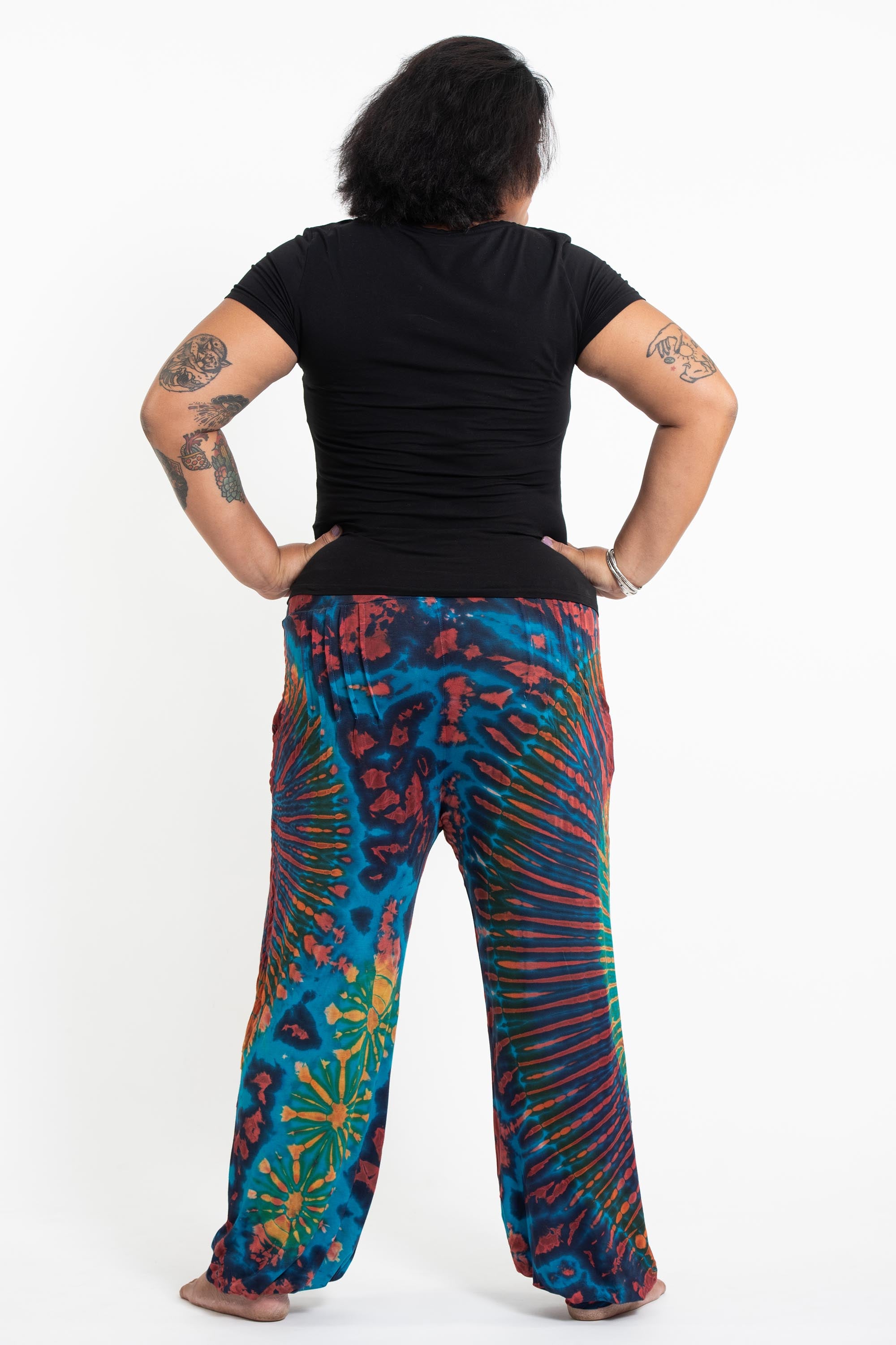 Plus Size Soft Flex Womens Tie Dye Harem Pants in Blue Rainbow