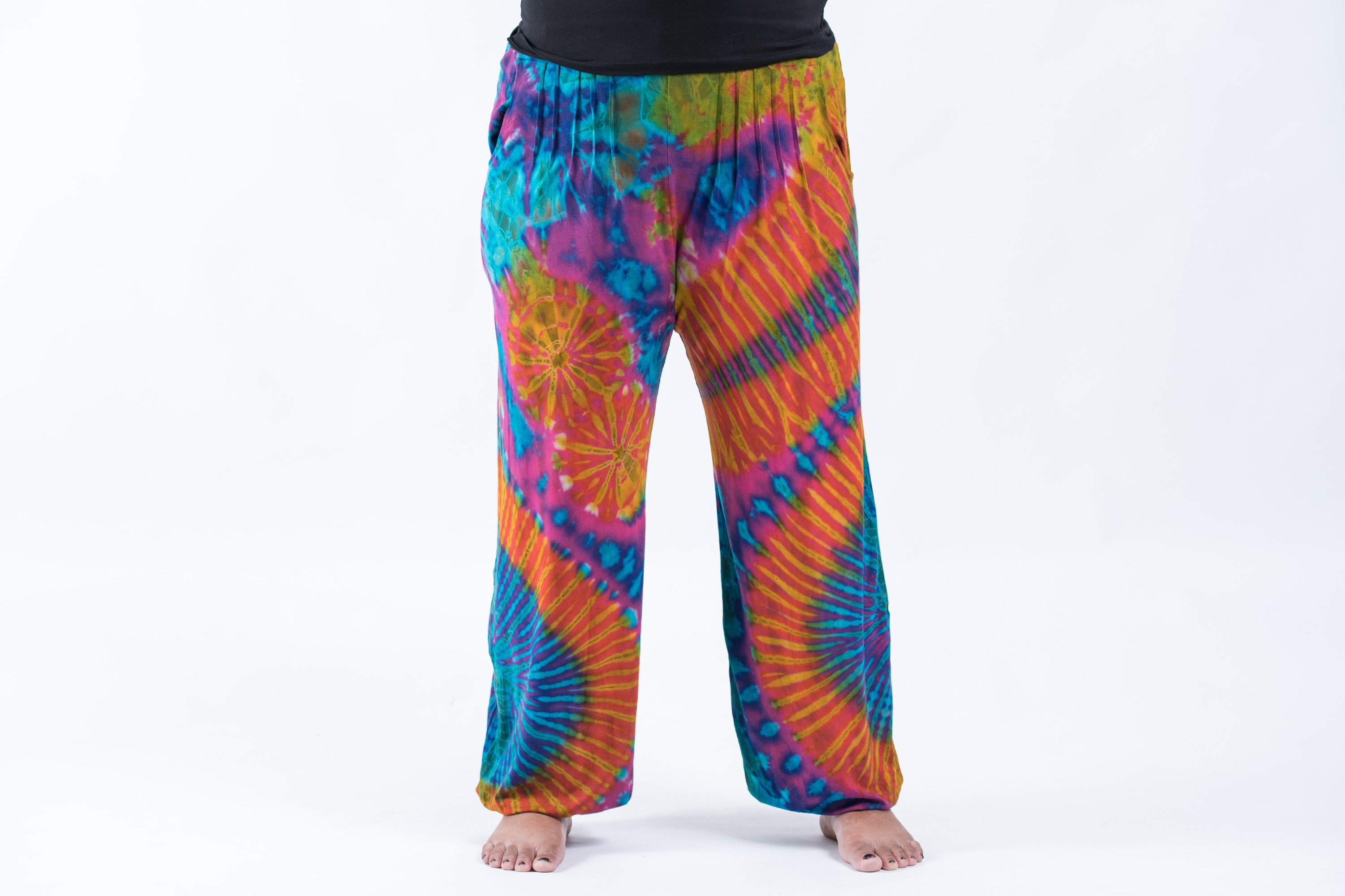 Plus Size Soft Flex Womens Tie Dye Harem Pants in Blue Orange